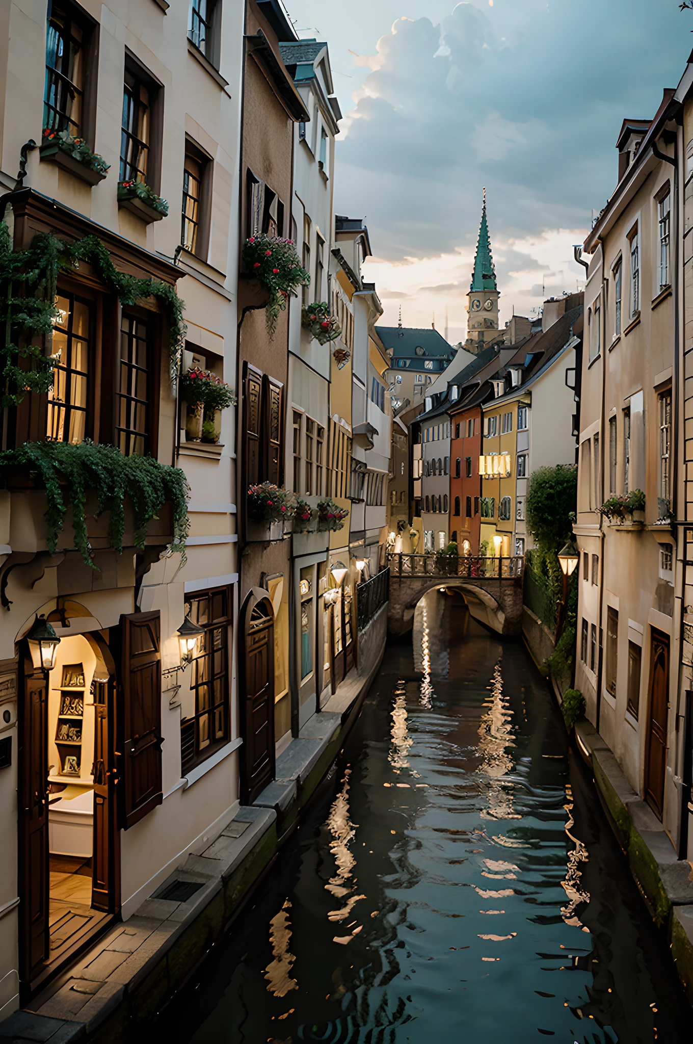 alternative Vienna, mix between 18th century and Harry Potter Diagon Alley, build in hill onward, many bridges, a canal, houseboats with many lights,