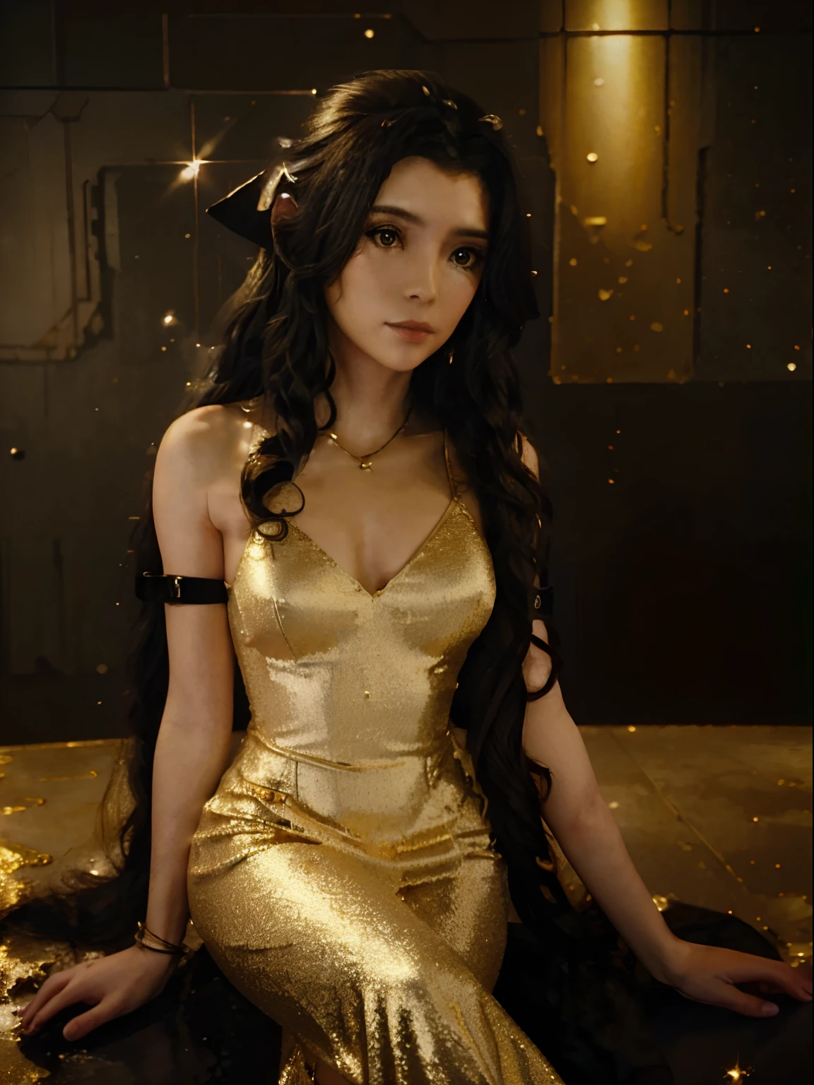A beautiful white girl, long curly black hair, sitting on a golden world, cinematic, glitter, beautiful, high quality, space