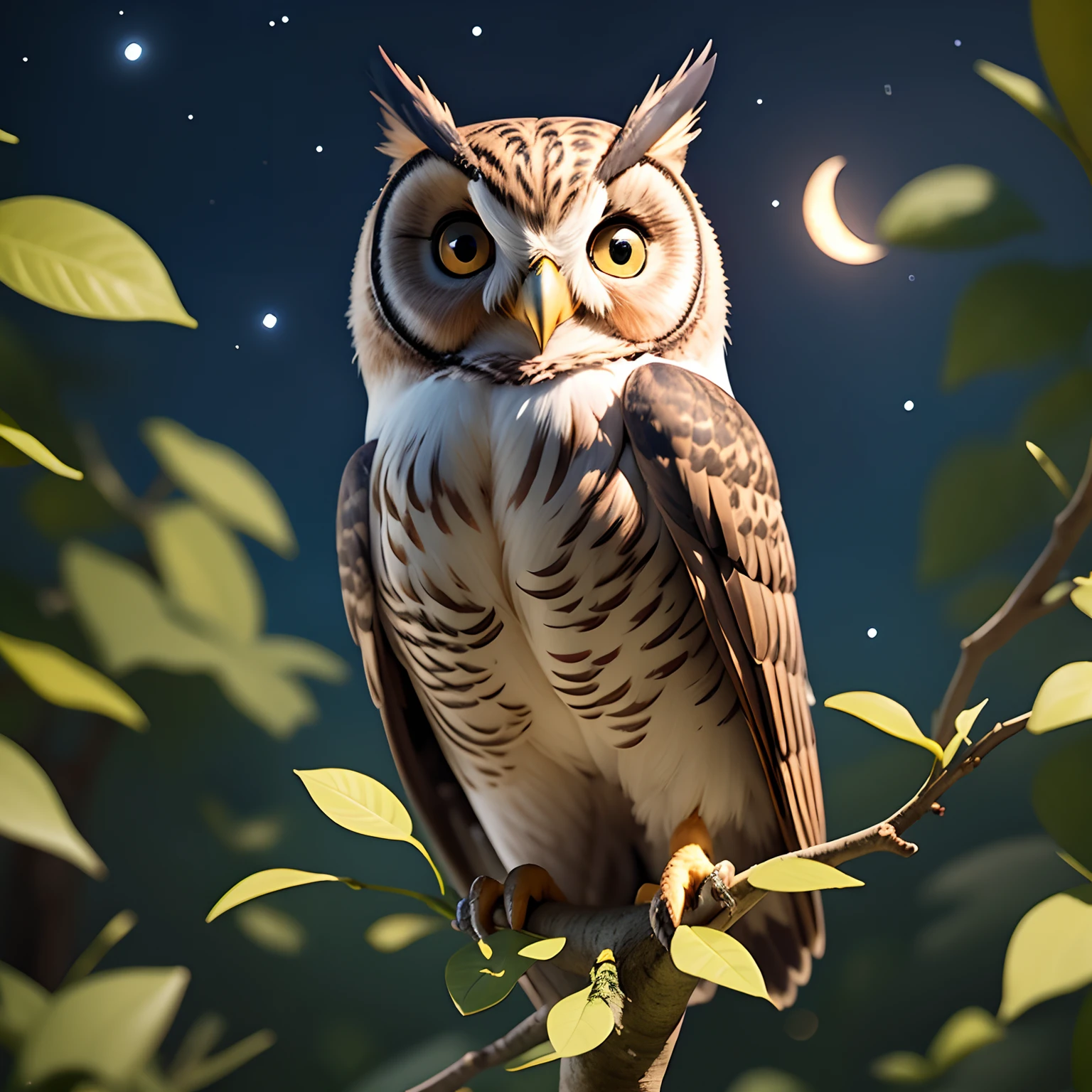 （an owl：1.3），Gaze at the night sky from a tree in the forest