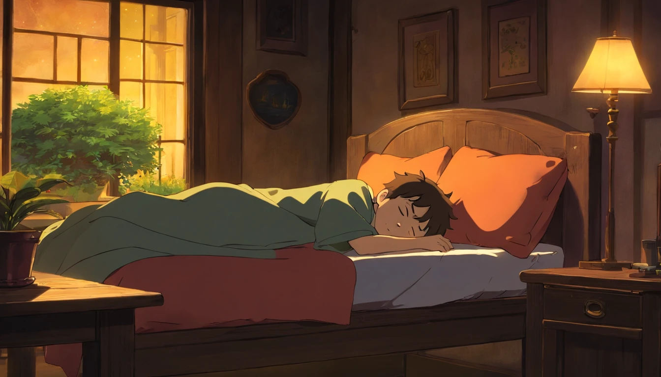 a boy sleep in night in table no light window side night star proper hand
