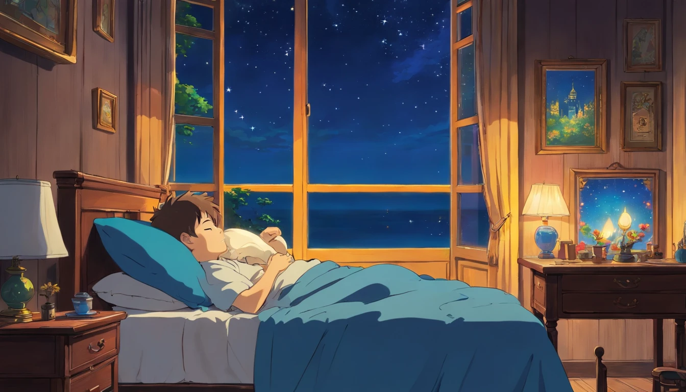 a boy sleep in night in table no light window side night star proper hand