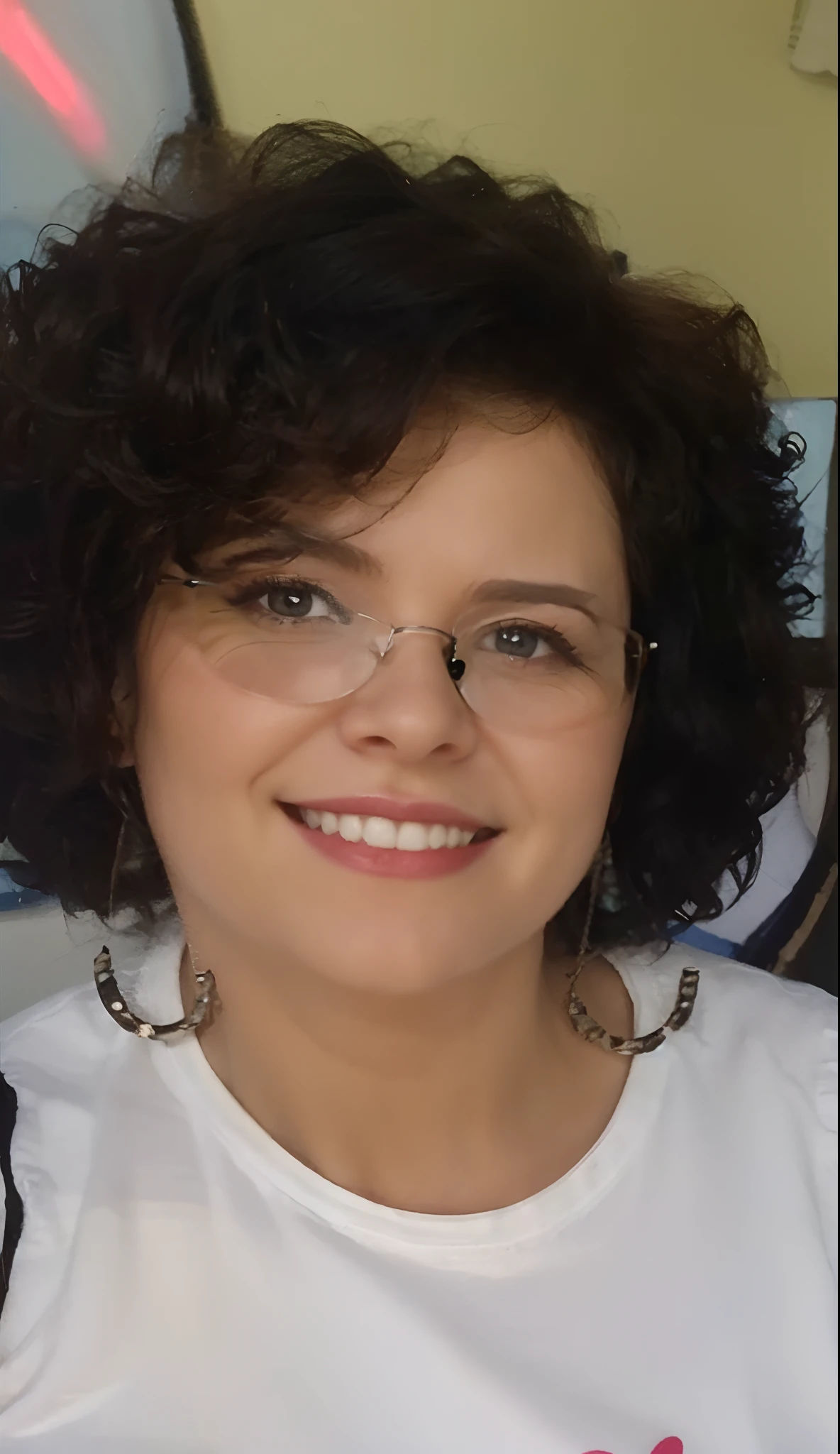 Pixar style image with 3D character white glasses brunette woman short curly hair dancing, Maquiagem Disney,Pescador, bonitinho, sorridente ,Close-up, Pixar, Disney, Cinema lighting,