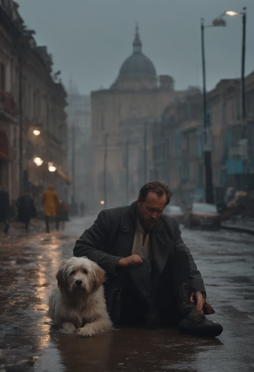 A man fell to the ground, ((cinema style, 4K)), Realistic, Dirty clothes, Next to him,His faithful dog, Damp and unhealthy streets, Gray sky