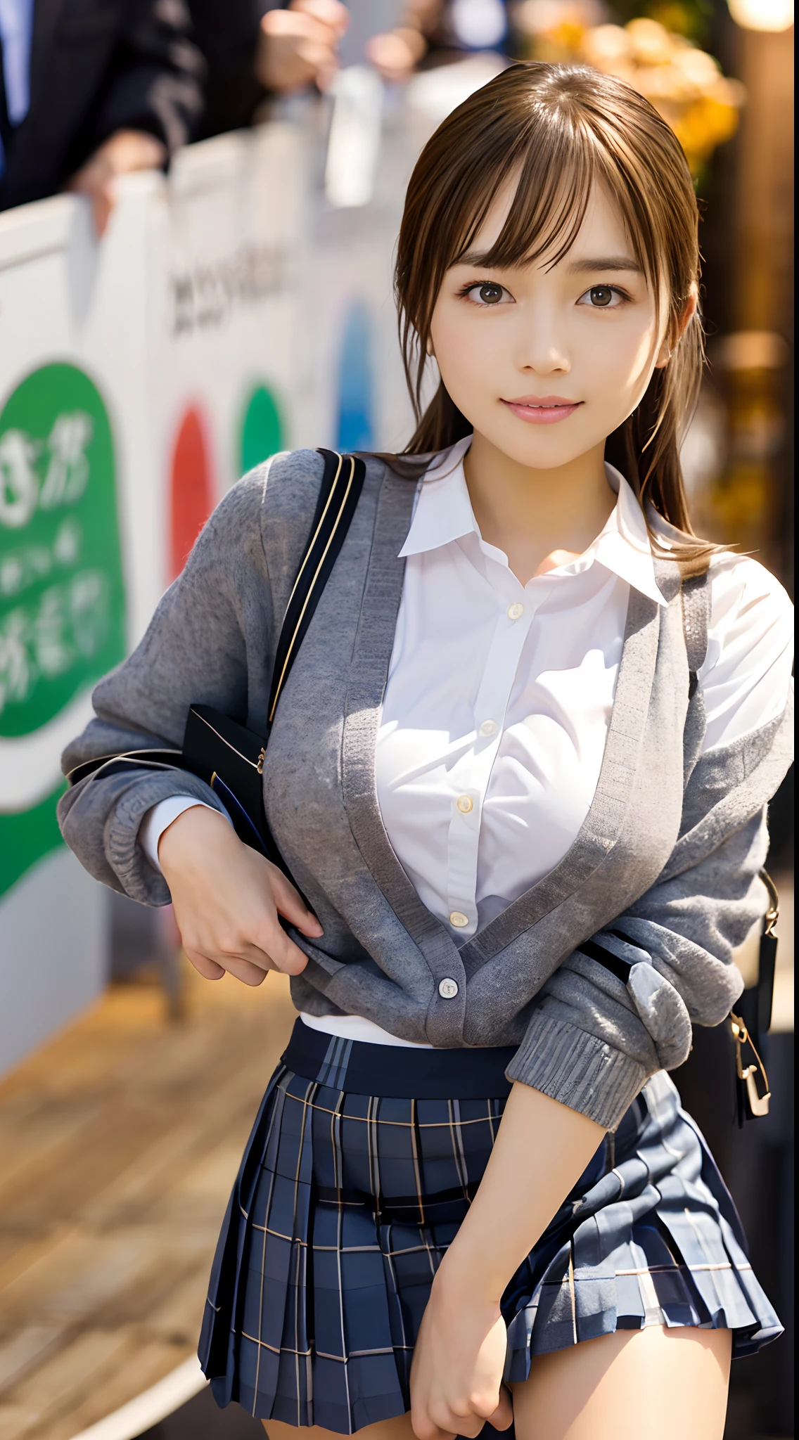 High quality, Ultra detailed, best quality, insanely detailed, beautiful, masterpiece、8k、nsfw、spread pussy、upskirt、skirt lift、skirt lift by myself、((show off pussy1.4))、pubic hair、pussy focus、public indecency、((from below:1.3))、looking at viewer、spread pussy、bottomless、cinematic lighting、、black cardigan、clothed、city