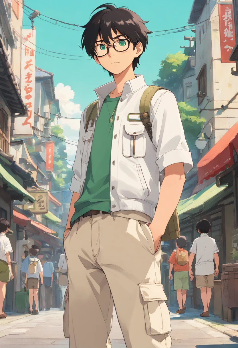 Male  with black hair and green eyes and glasses in casual white outfit with white short sleeved jacket and tan cargo pants