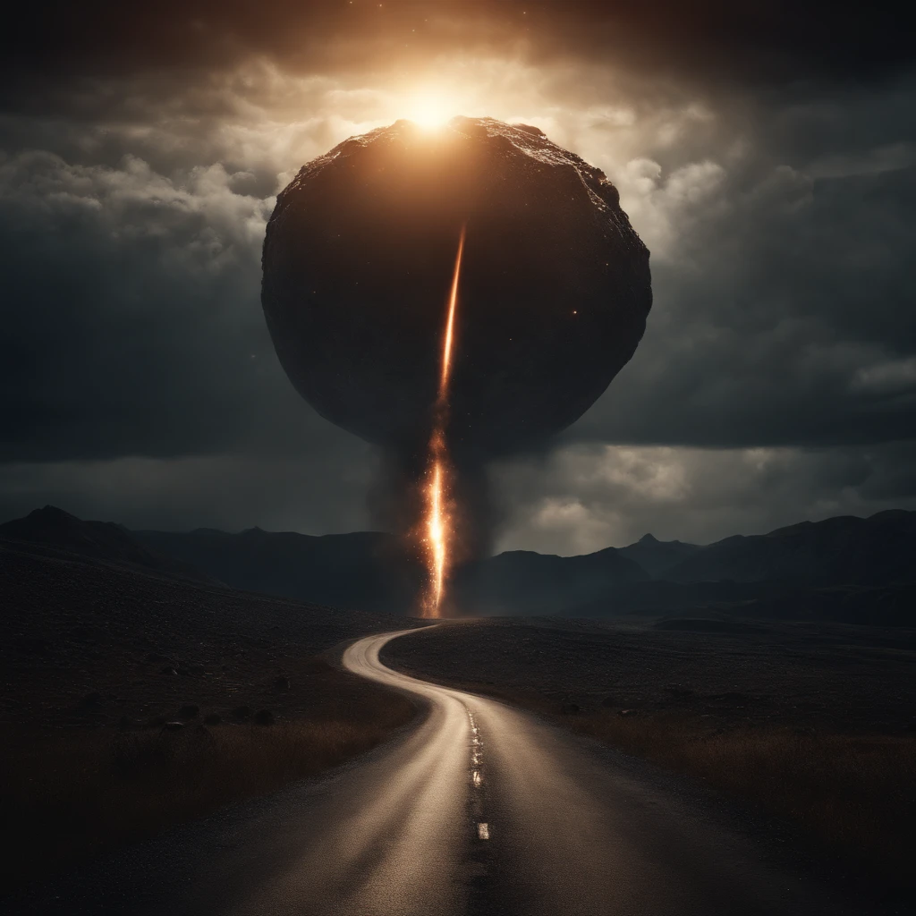 A huge meteor hitting the earth head-on, a surreal, apocalyptic scene with a dark, otherworldly atmosphere, using ray tracing and volumetric effects to create a hyper-realistic