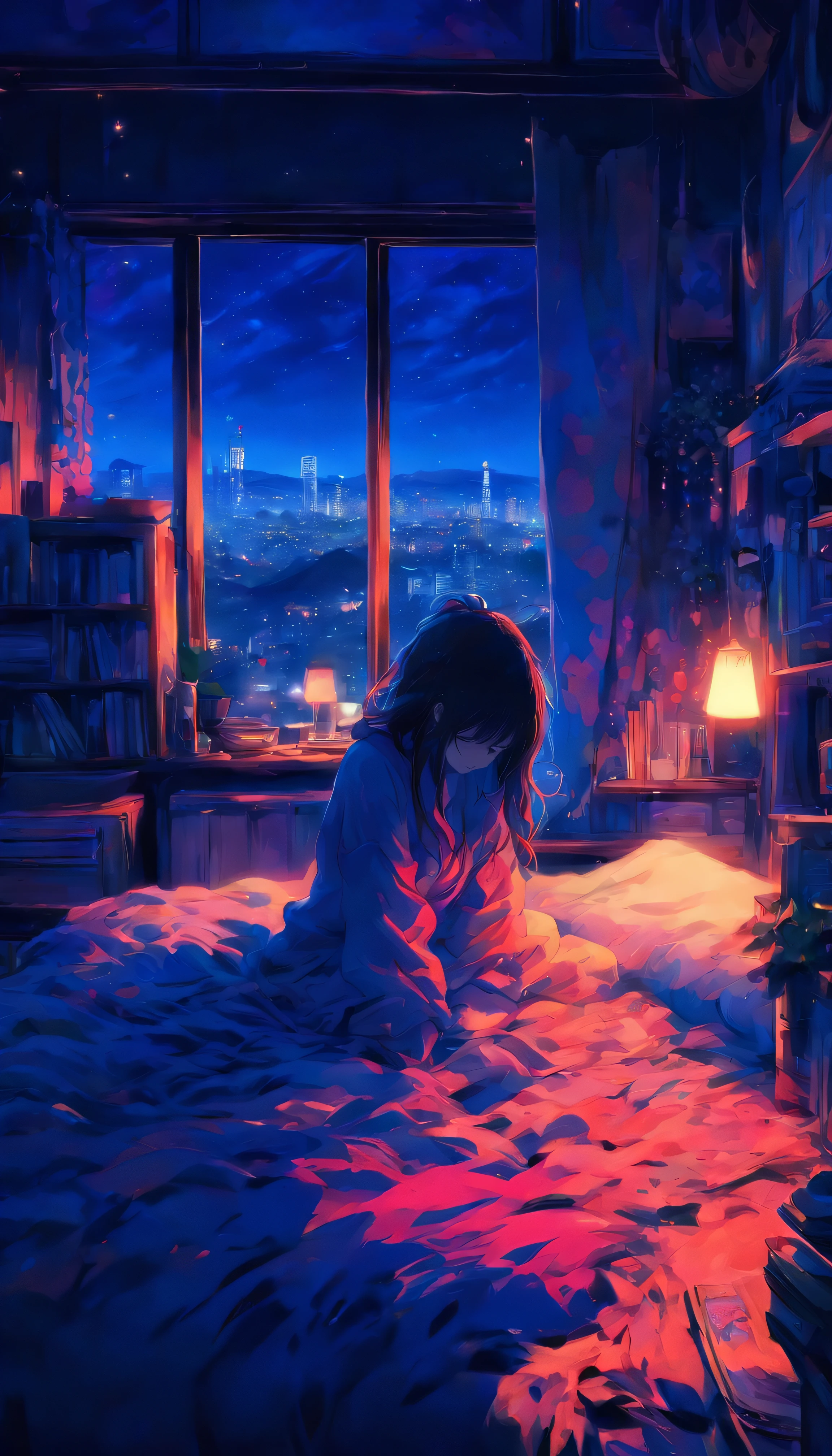 She is looking down. I can't see his face. Midnight. A messy room. A woman holding her knees on a bed. She is looking down. We cannot see her face. Fantastic iPhone with the screen on. High quality in every detail. Fantastic landscapes. Distant people.