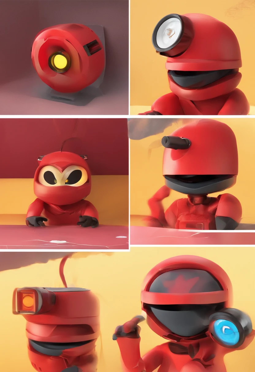 "Create an illustration of an anthropomorphic electrical outlet with an eye, mouth, and nose, dressed in a red outfit. Is holding an airsoft gun in a safe and playful manner. The illustration should be in Full HD, with a cinematic touch, and styled in the fashion of Disney Pixar Animations.