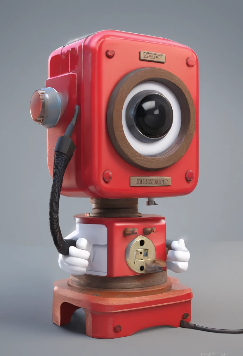 "Create an illustration of an anthropomorphic electrical outlet with an eye, mouth, and nose, dressed in a red outfit. Is holding an airsoft gun in a safe and playful manner. The illustration should be in Full HD, with a cinematic touch, and styled in the fashion of Disney Pixar Animations.