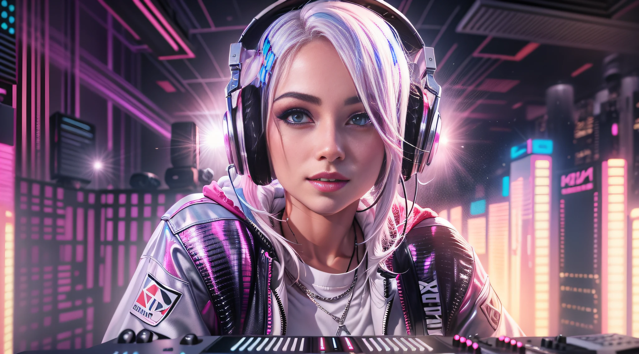 (ultra - detailed, 16K resolution, Cinema lenses，rendering by octane),A young chick woman，Has straight white and pink hair, Wearing silver DJ headphones, Shiny silver sequined T-shirt, (Iconic hip-hop pop costumes:1.3), Smile while DJing on stage.Stand in front of the DJ equipment and shoot full-body, The spotlight shines on the female DJ. Realistic style photography by Disco Lighting
Wait for it to start