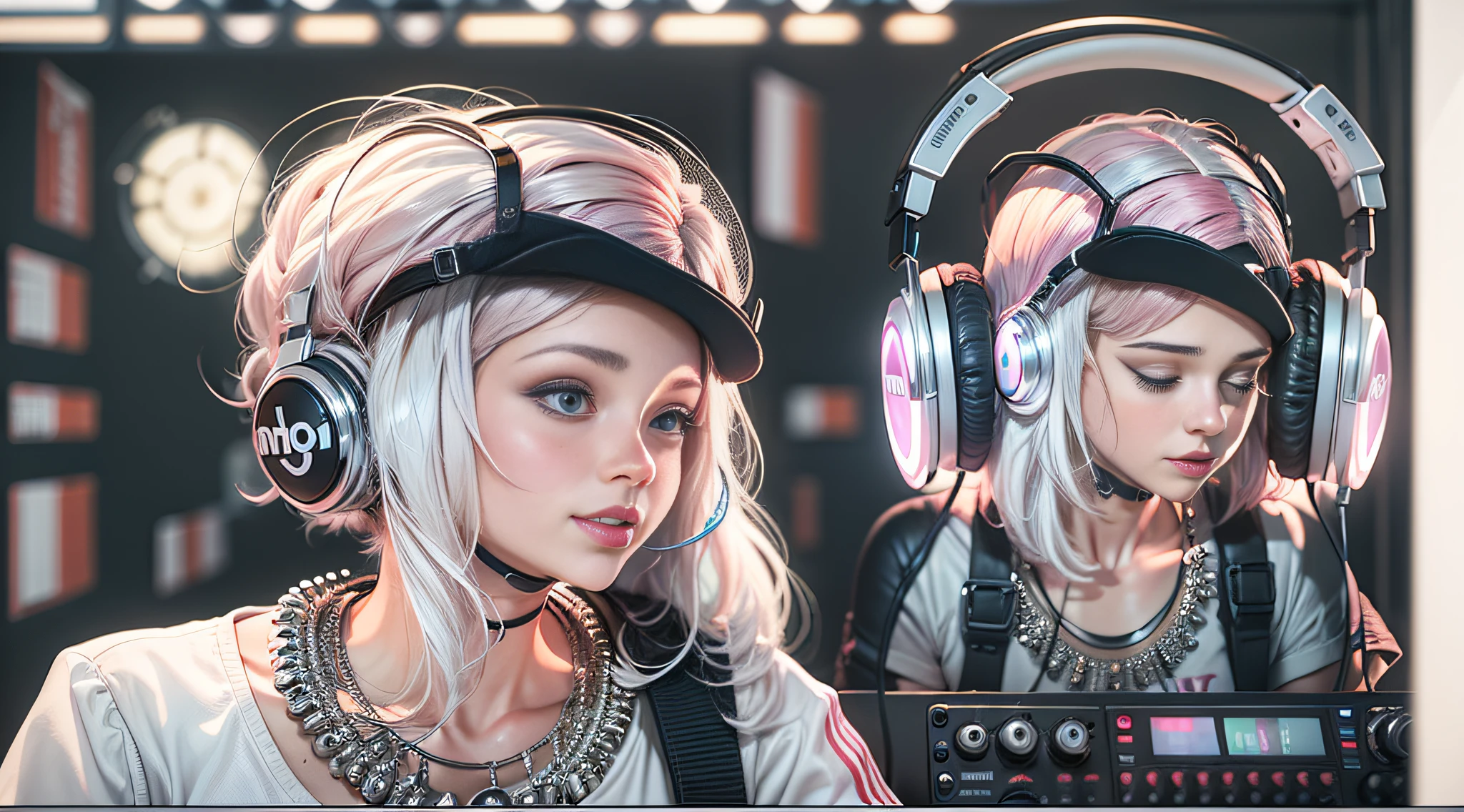 (ultra - detailed, 16K resolution, Cinema lenses,rendering by octane),A young chick woman,Has straight white and pink hair, Wearing silver DJ headphones, Shiny silver sequined T-shirt, (Iconic hip-hop pop costumes:1.3), Smile while DJing on stage.Stand in front of the DJ equipment and shoot full-body, The spotlight shines on the female DJ. Realistic style photography by Disco Lighting
Wait for it to start