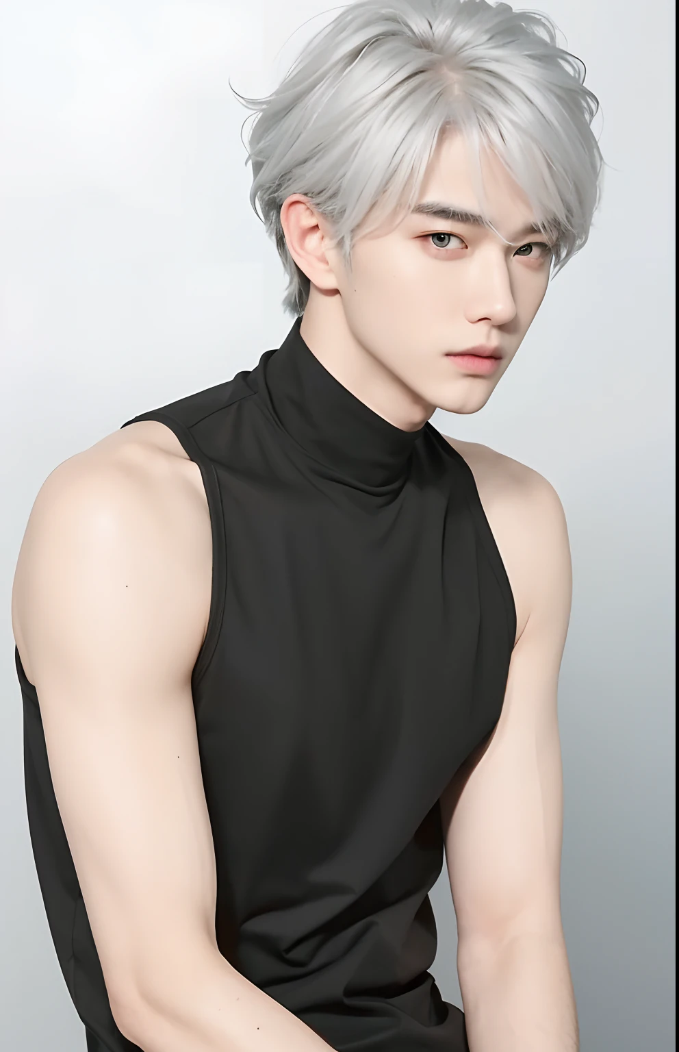 A man with realistic white hair, exactly the same hairstyle, realistic Korean handsome face, realistic cool expression, exactly the same clothes, realistic sispak body,Realistic light, realistic shadows, realistic background,Similar hairstyle, realistic square stomach,Realistic tight black t-shirt