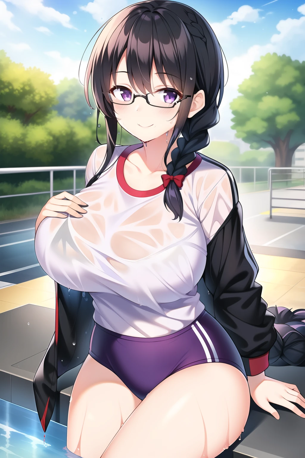 (1girl), (black hair:1.1), (braid:1.1), (glasses), (purple eyes), (smile), (large breast), (Intricate Iris Details), (outdoor), (looking at viewer), (visible through clothes), (Wet clothes), (Gym suit), (white shirt)