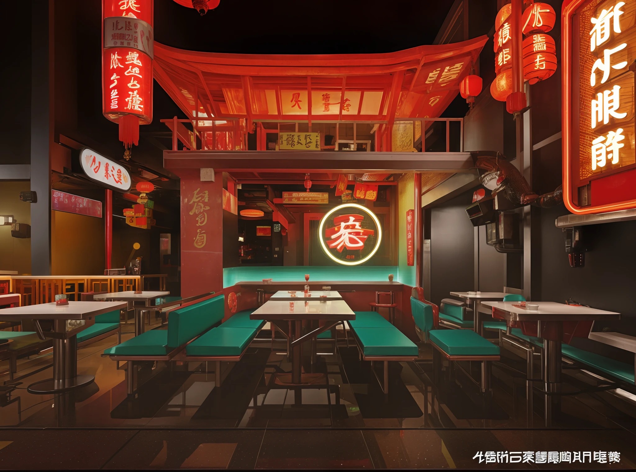 (Best quality,4K,A high resolution:1.2),Realistic style,The Chinese restaurant has many tables and benches, Sichuan spicy fish with pickled cabbage rice. restaurant interior photography, The atmosphere of Blade Runner in Chinatown, "tires" Spicy Fish Restaurant, A futuristic evening atmosphere, Neon lights create a cyberpunk vibe, High-tech lighting installations and dazzling projection effects, Create a romantic and mysterious atmosphere. A clear view of the chair and chair,Remove the characters。
