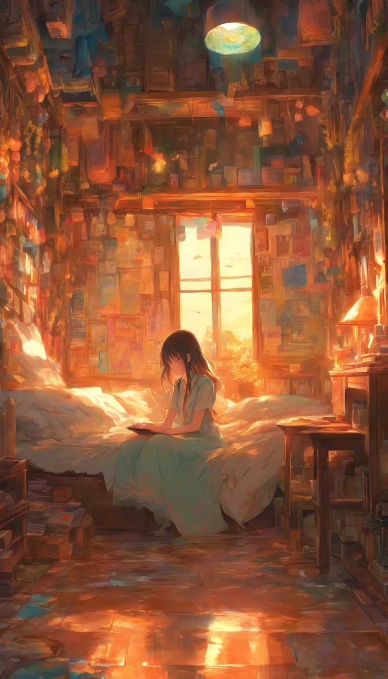 She is looking down. I can't see his face. A closed room. A room that is cluttered. A woman holding her knees on a bed. She is looking down. We cannot see her face. An iPhone with a lit screen is on the floor. A hand mirror is on the floor. Fantastic. High quality in every detail. Fantastic landscapes. Distant people.
