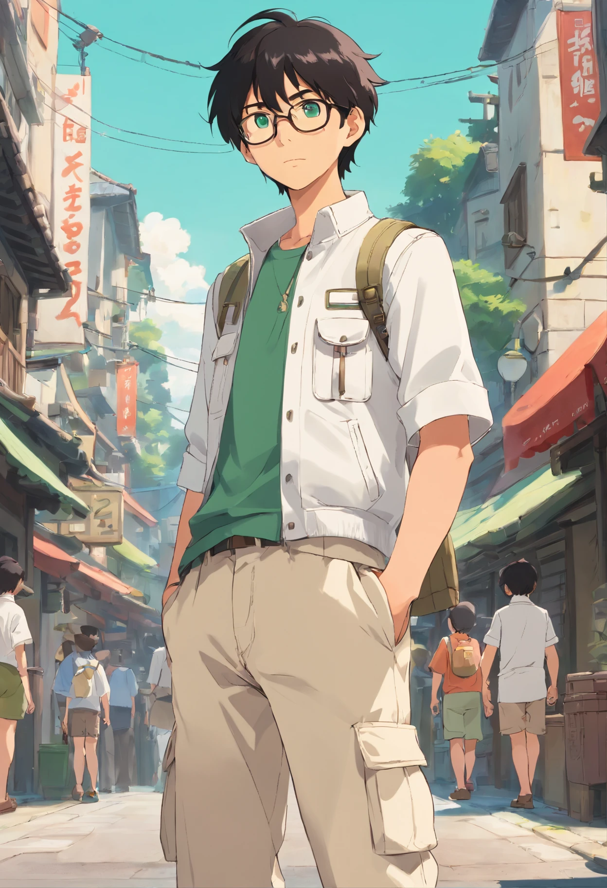 Male teen with black hair and green eyes and glasses in casual white outfit with white short sleeved jacket and tan cargo pants