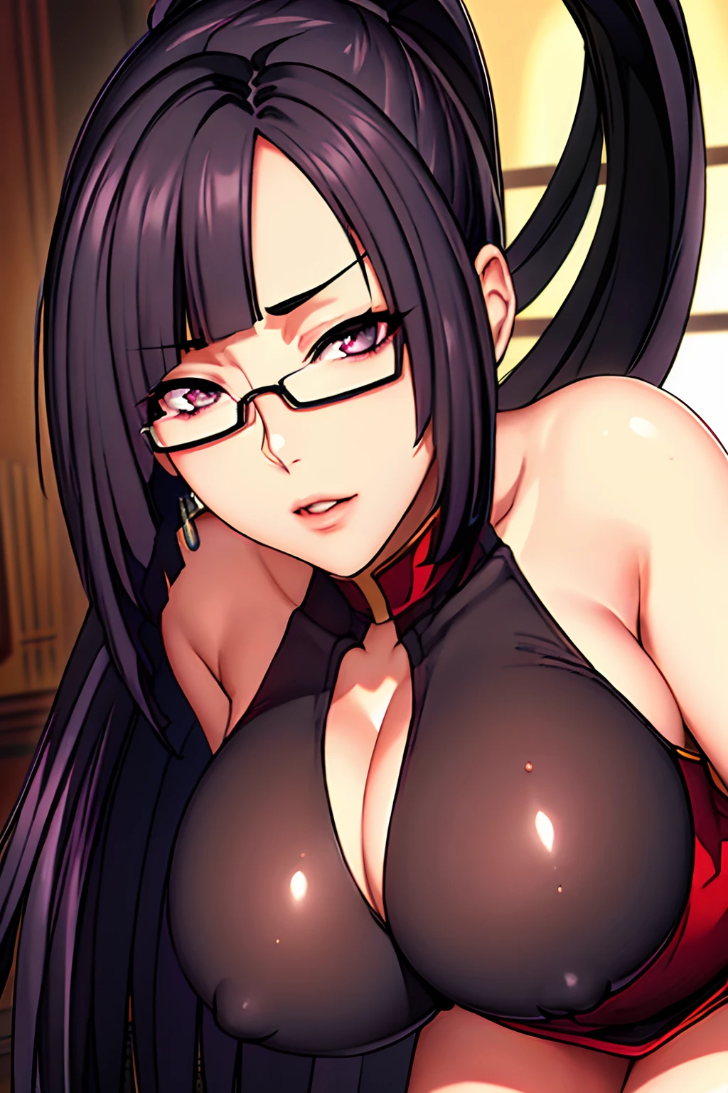 halter neck slit cut dress, sleeveless, attractive, beautiful, elegant, cleavage, mature, sexy, perfect figure, indoors, semi-rimless eyewear, black hair, very long hair, ponytail,Bangs,purple eyes, 1 girl, 20yo,Young female,Beautiful Finger,Beautiful long legs,Beautiful body,Beautiful Nose,Beautiful character design, perfect eyes, perfect face,expressive eyes,perfect balance, (innocent_big_eyes:1.0), official art,extremely detailed CG unity 8k wallpaper, perfect lighting,Colorful, Bright_Front_face_Lighting,shiny skin, (masterpiece:1.0),(best_quality:1.0), ultra high res,4K,ultra-detailed, photography, 8K, HDR, highres, absurdres:1.2, Kodak portra 400, film grain, bokeh:1.2, lens flare, (vibrant_color:1.2),professional photograph, (Beautiful,large_Breasts:1.4), (beautiful_face:1.5)