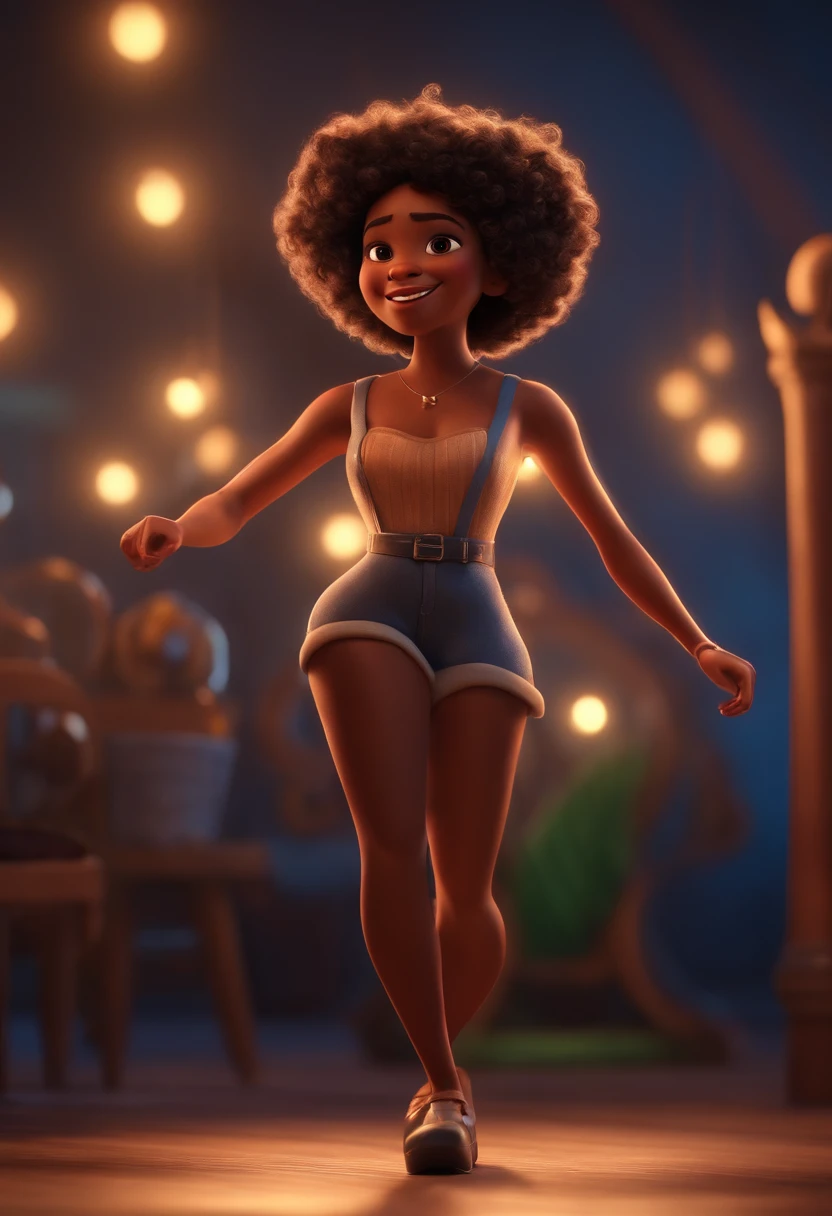 Pixar style image with 3D character black woman short curly hair dancing, Maquiagem Disney,Pescador, bonitinho, sorridente ,Close-up, Pixar, Disney, Cinema lighting,