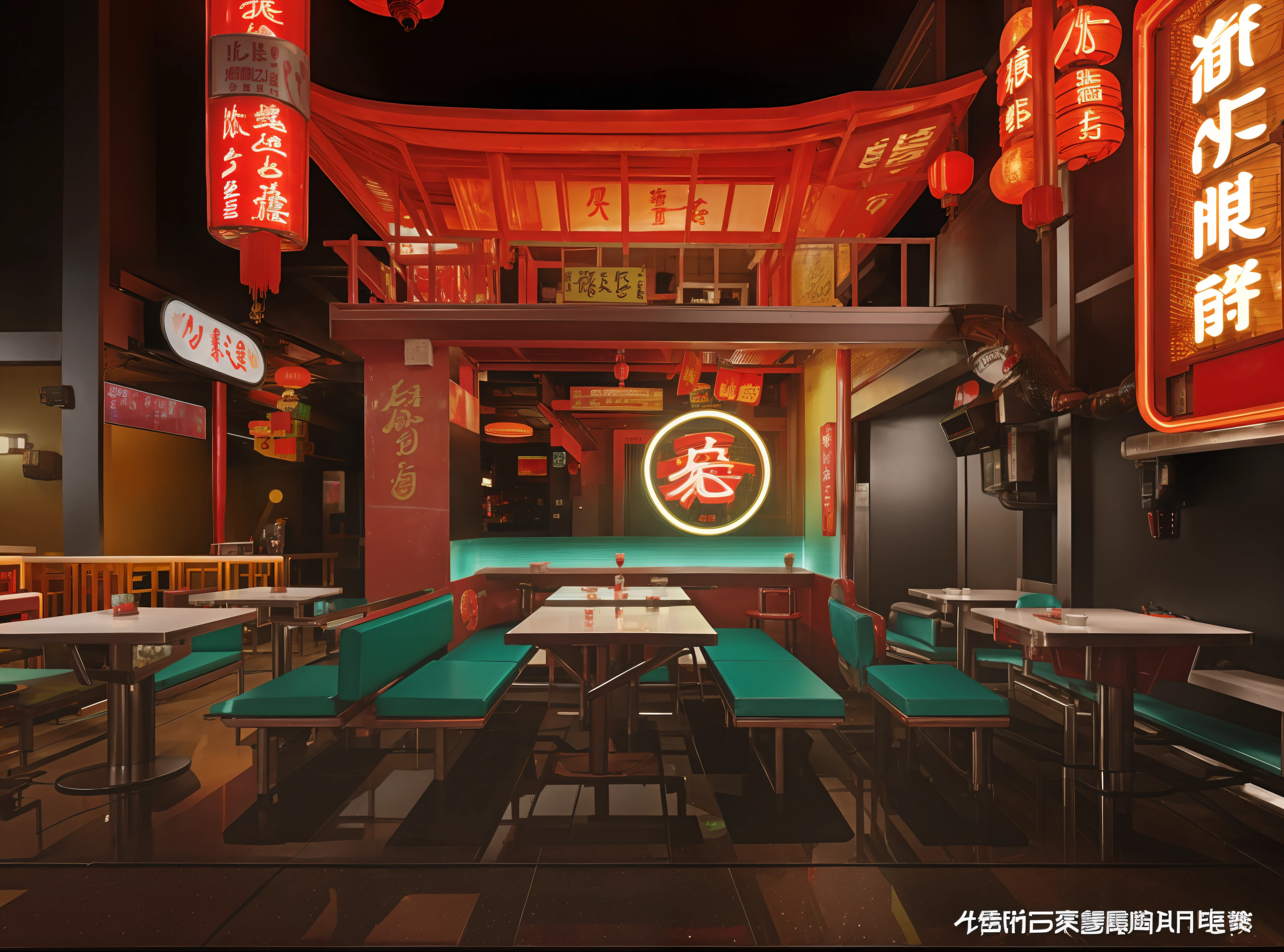 (Best quality,4K,A high resolution:1.2),Realistic style,The Chinese restaurant has many tables and benches, Sichuan spicy fish with pickled cabbage rice. restaurant interior photography, The atmosphere of Blade Runner in Chinatown, "tires" Spicy Fish Restaurant, A futuristic evening atmosphere, Neon lights create a cyberpunk vibe, High-tech lighting installations and dazzling projection effects, Create a romantic and mysterious atmosphere. A clear view of the chair and chair,Remove the characters。