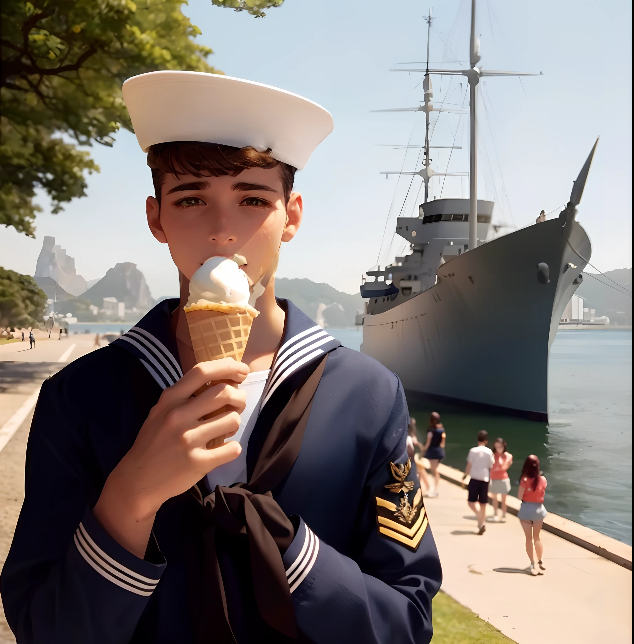 Marinheiro Arafed comendo sorvete na frente de um grande navio, roupas de marinheiro, Uniforme de marinheiro, Fazer um lanche, comer sorvete - creme, Clemens Ascher, Directed by: Fernando Gerassi, wearing dark maritime clothing, photo shoot, comer sorvete, uniformes femininos de marinheiro, fotografia editorial, por Romain brook, Antecedentes navais, Directed by: Glen Angus, inspirado em Alfred Eisenstaedt