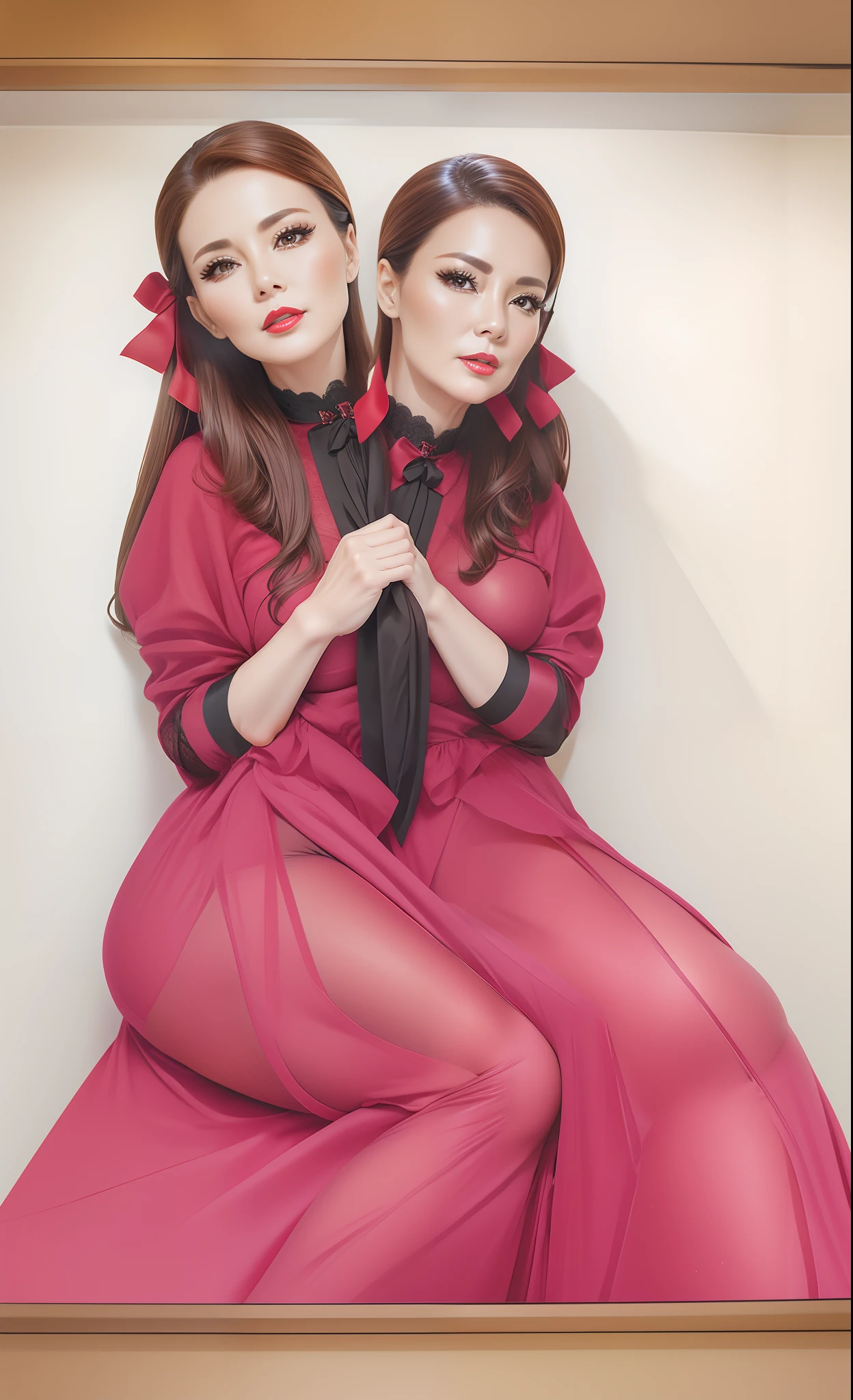 2 heads,Photo of a 50-year-old woman with brown hair, a captivating gaze, Brown eyes, Wrinkles on her face, Black pantyhose,Black High Heel Boots,She wears very sexy lingerie underwear、、Revealing her large sagging breasts, Light makeup and red lips. 32K