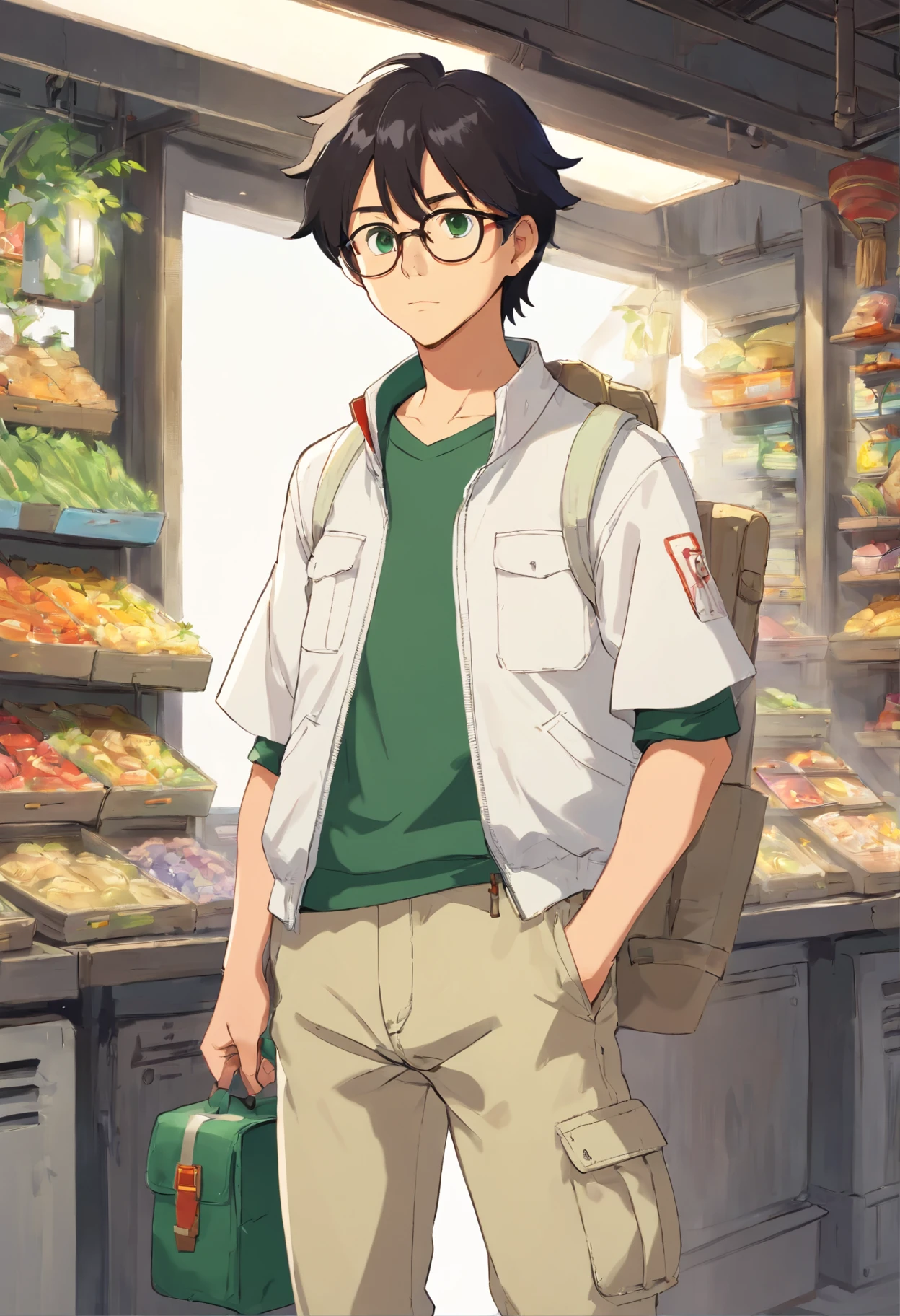Male teen with black hair and green eyes and glasses in casual white outfit with white short sleeved jacket and tan cargo pants