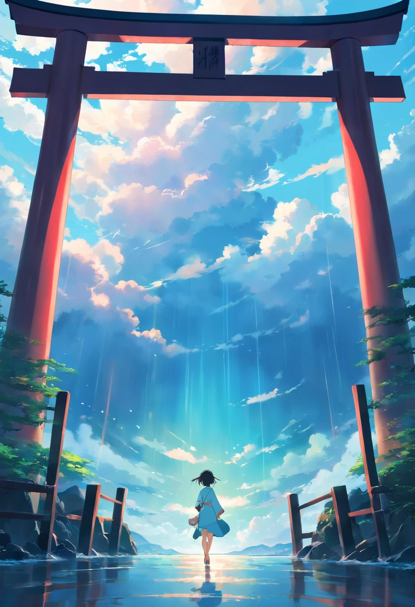 masterpiece, best quality, movie still, Footage of the main character passing through a mysterious torii gate a new world with ocean of cloud