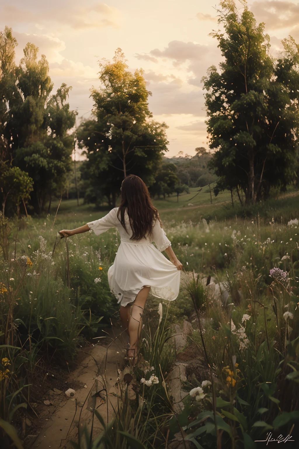 Arafed woman in white dress walking through a field of flowers - SeaArt AI