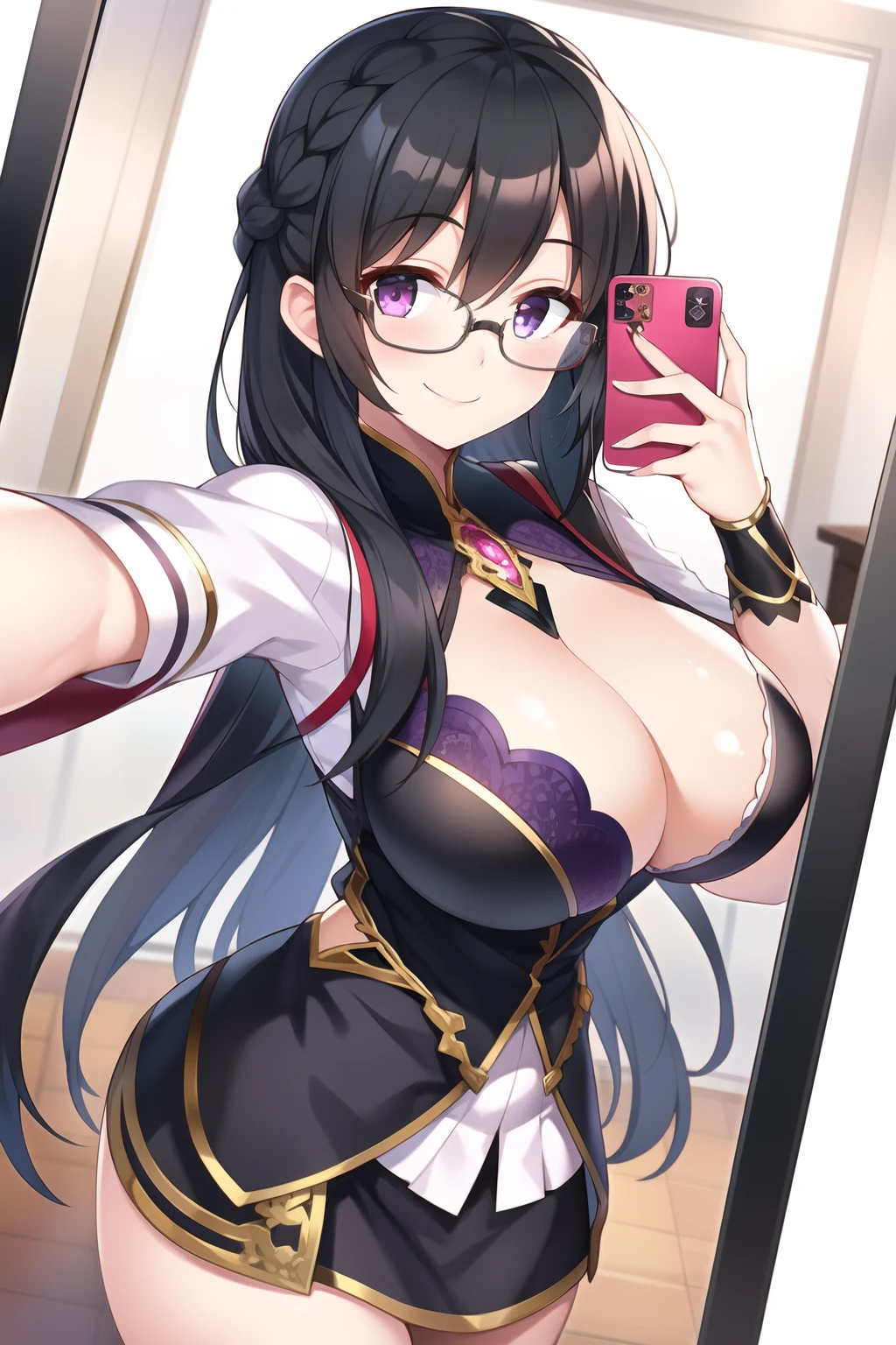 (1girl), (black hair:1.1), (braid:1.1), (glasses), (purple eyes), (smile), (large breast), (Intricate Iris Details), (selfie)