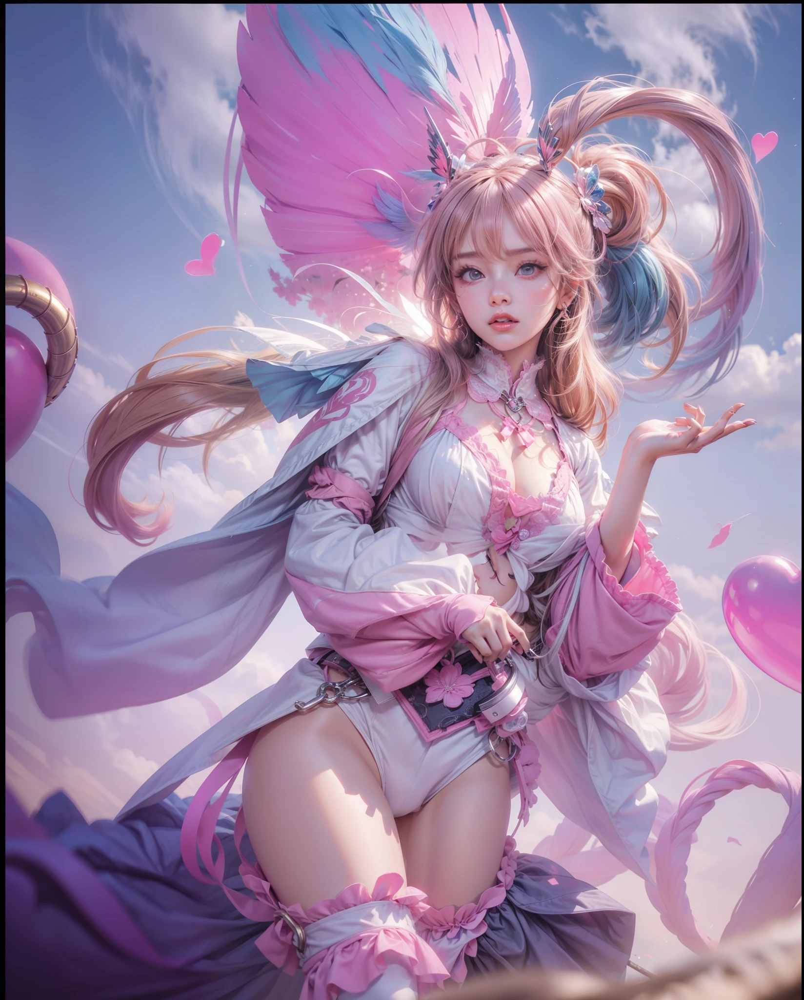 (maximum resolution: 1.2), (Ultra HDTV: 1.2), 8K resolution, Eye and skin detail, detailed facial features, , ( Sharp focus: 1.2）, (Focus focus) exact) facial expression: 1.2), Girl standing, Background of clouds, sky and hearts , has my heart behind my back (blurred) , Cupid costume , (long hair), Rainbow hair (blue, pink and yellow),
