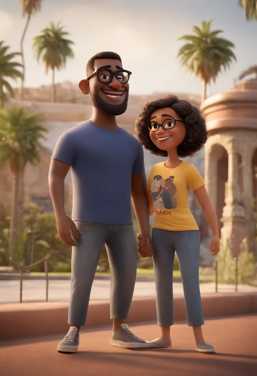 Pixar. Casal com dois lhasa femeas uma de oito anos e outra de 13 . A menina tem os cabelos preto solto, Camiseta cinza e jeans claro, white glasses. The boy with the shaved head, barba pequena, oculos, Dark blue jeans and gray t-shirt. They are both smiling and are 35 years old