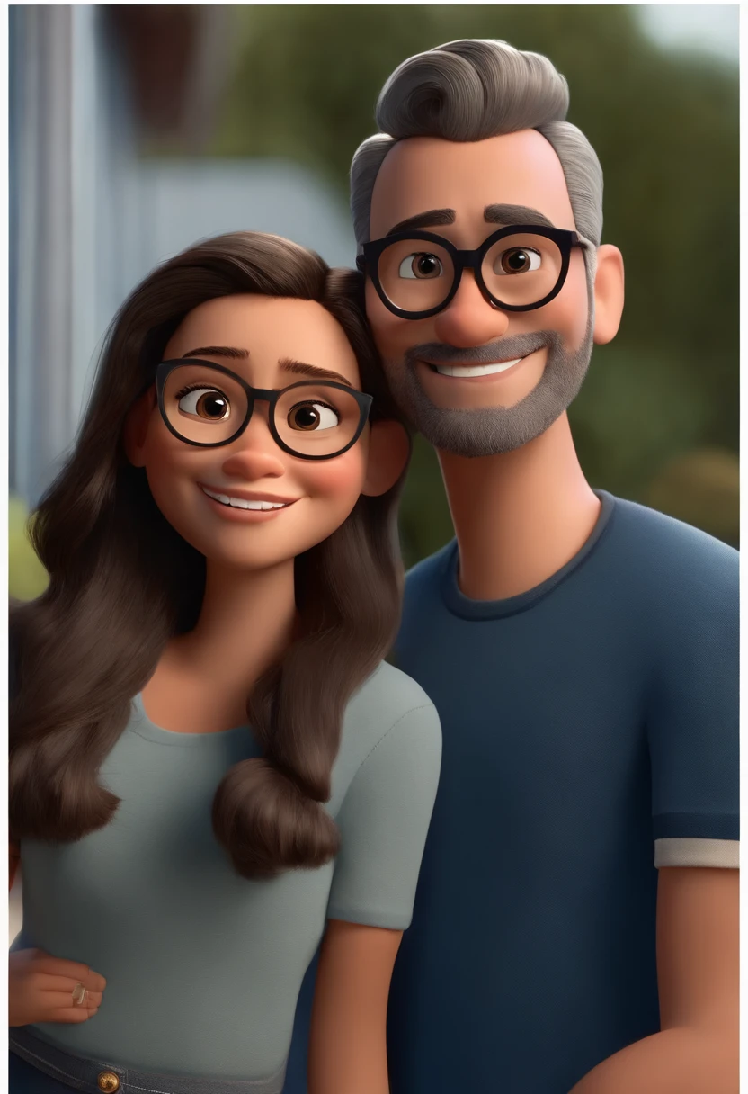 Pixar. Casal com dois lhasa femeas uma de oito anos e outra de 13 . A menina tem os cabelos preto solto, Camiseta cinza e jeans claro, white glasses. The boy with the shaved head, barba pequena, oculos, Dark blue jeans and gray t-shirt. They are both smiling and are 35 years old