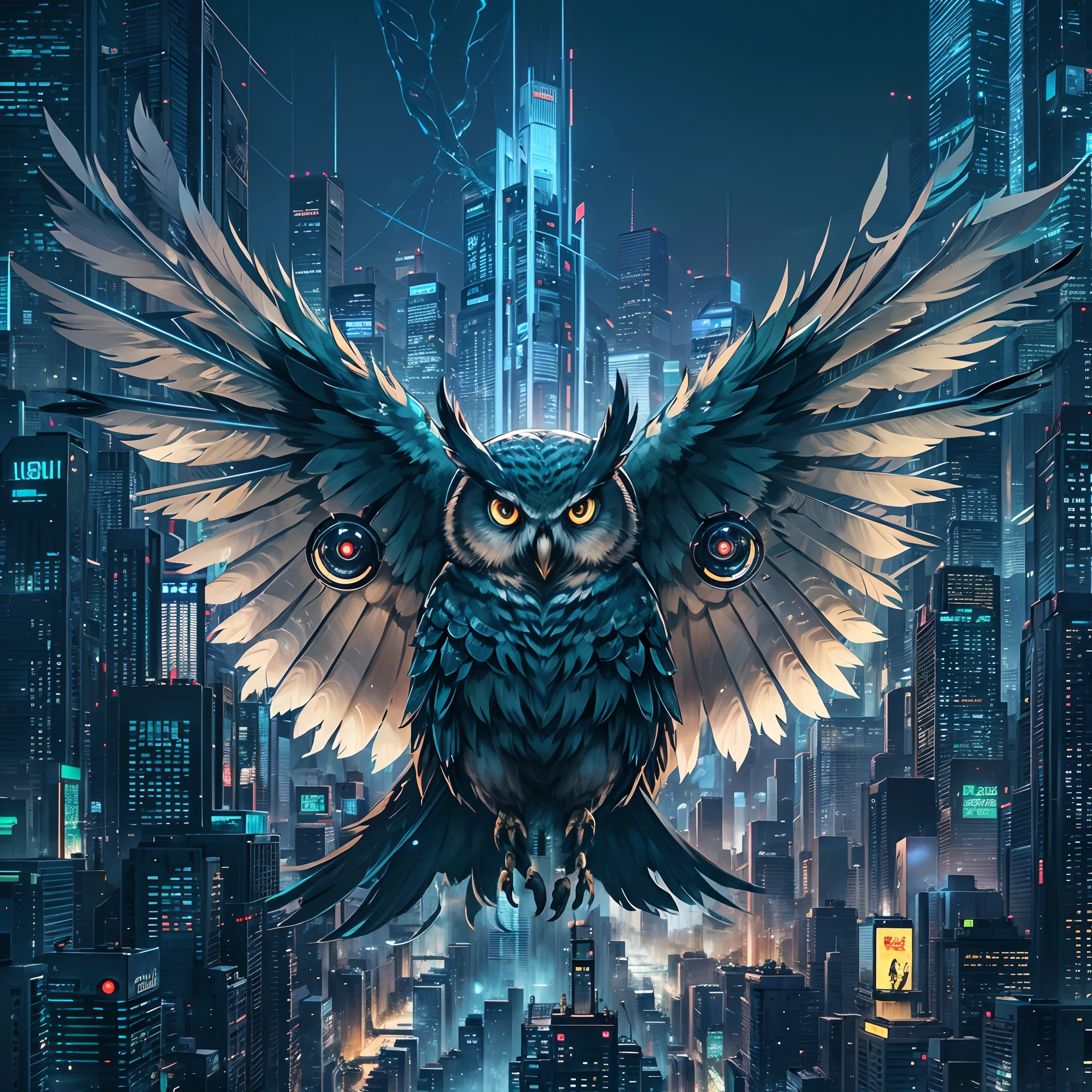 Dark blue tones，In the world of the future，A cyberpunk-style owl soars through the city's skies。Its body is made up of various high-tech elements，Such as LED lights、metal gears、Electronic circuits and mechanical joints。The owl's eyes sparkled mysteriously，As if you can see through everything。

This owl is not just a machine，He is also an edge walker。It lives on the edge of the city，Observing the lives of human beings，Looking for possible dangers。Its presence，Make the city's residents feel safe and comfortable。

Sin embargo，This owl is no ordinary machine。It has a consciousness of its own，Ability to think and make decisions。its goals，is to protect the city，Protect the world。

This owl，Like a futuristic guardian，With its wisdom and strength，Guarding our future。Its presence，Let us be full of hope and anticipation for the future。This is the story of the futuristic owl，One about courage、A story of wisdom and hope。