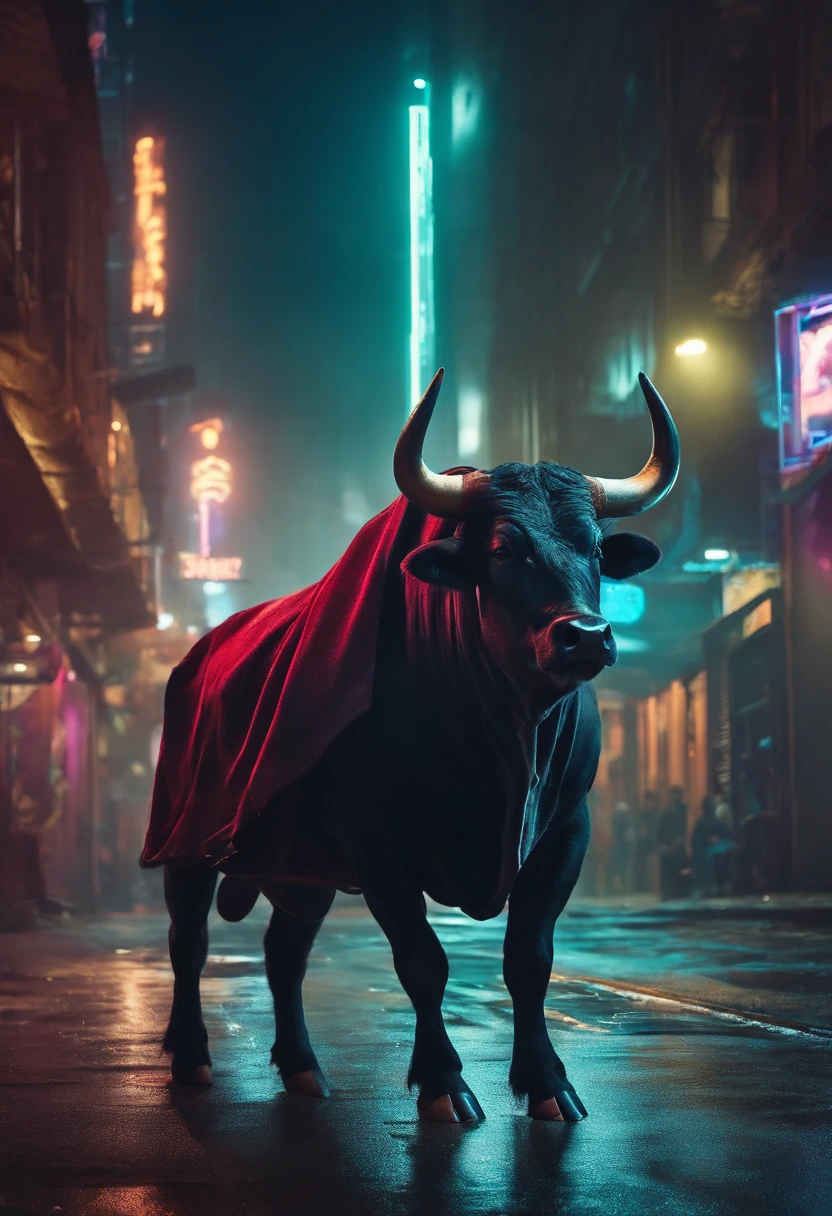 A hooded bull walks in a cyberpunk night scene
