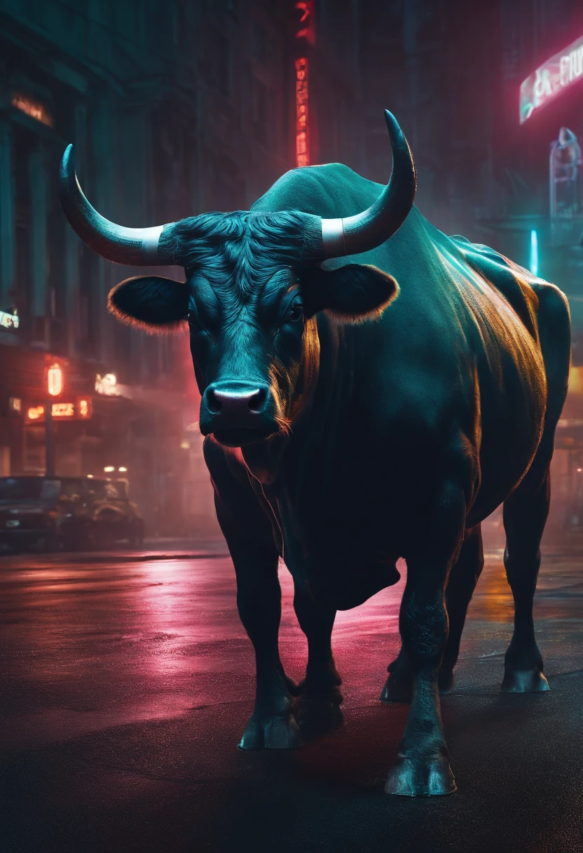 A hooded bull walks in a cyberpunk night scene