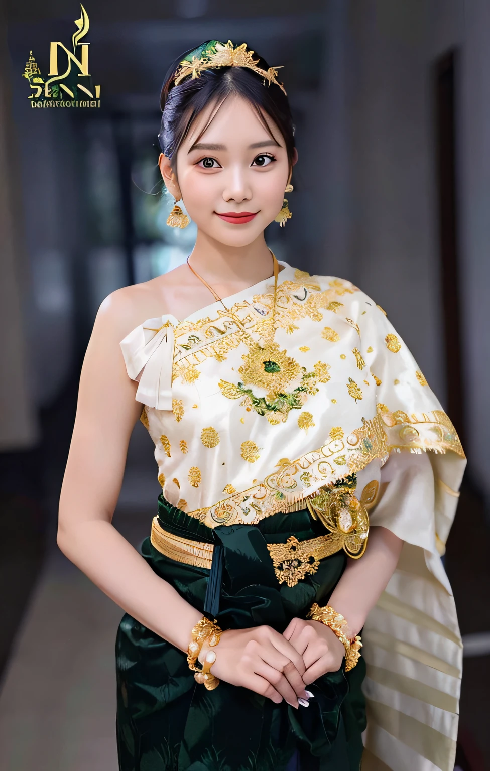 a woman in a green and gold dress posing for a picture, sukhothai costume, traditional beauty, traditional dress, nivanh chanthara, traditional tai costume, traditional, traditional clothes, wearing elaborate green and gold, in style of thawan duchanee, wearing traditional garb, traditional clothing, traditional costume, south east asian with long