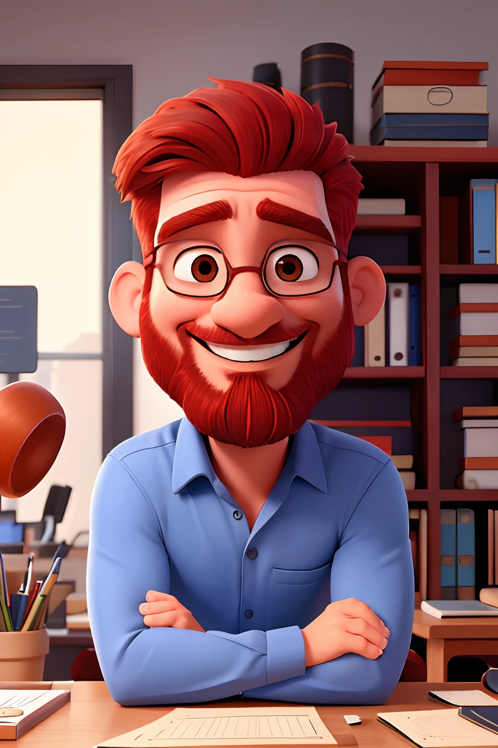 quero um desenho de um homen de 39 anos sorrindo, Red-haired and goatee in an office working