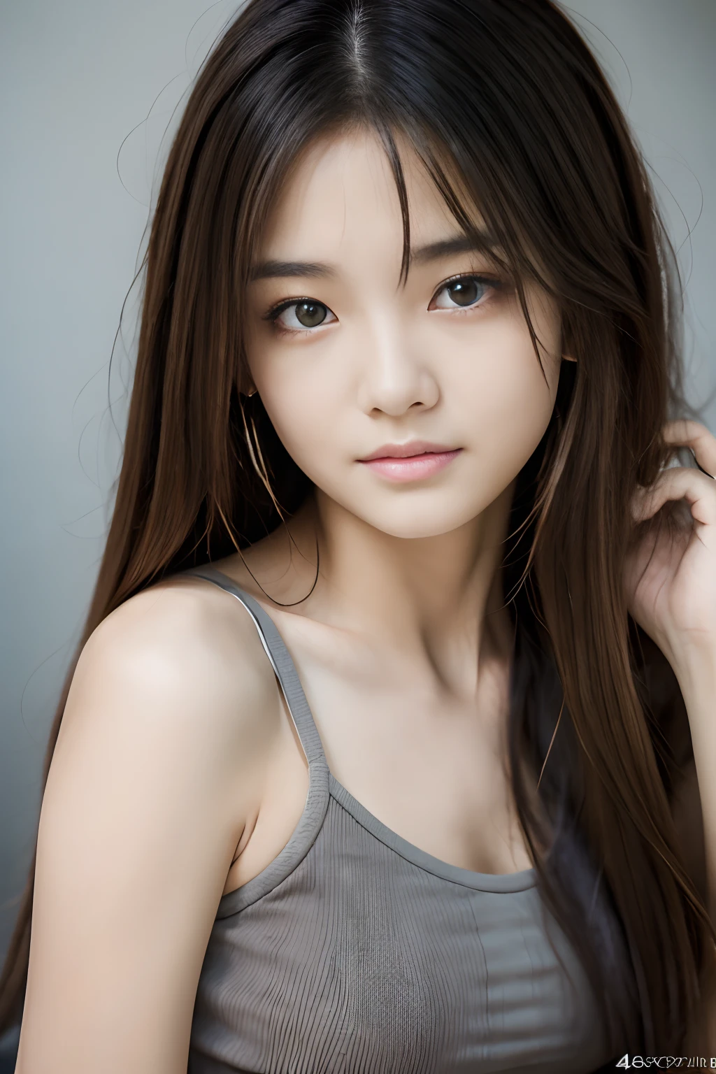 (best quality,4k,highres:1.2),raw photography,[18-year-old, Asian girl],single subject ,flat chest, spaghetti strap tank top,dress,shining hair,beautiful detailed eyes ,beautiful double eyelids,,earrings,close-up shot,fashion magazine model,editorial photo shoot,wall on a gray background