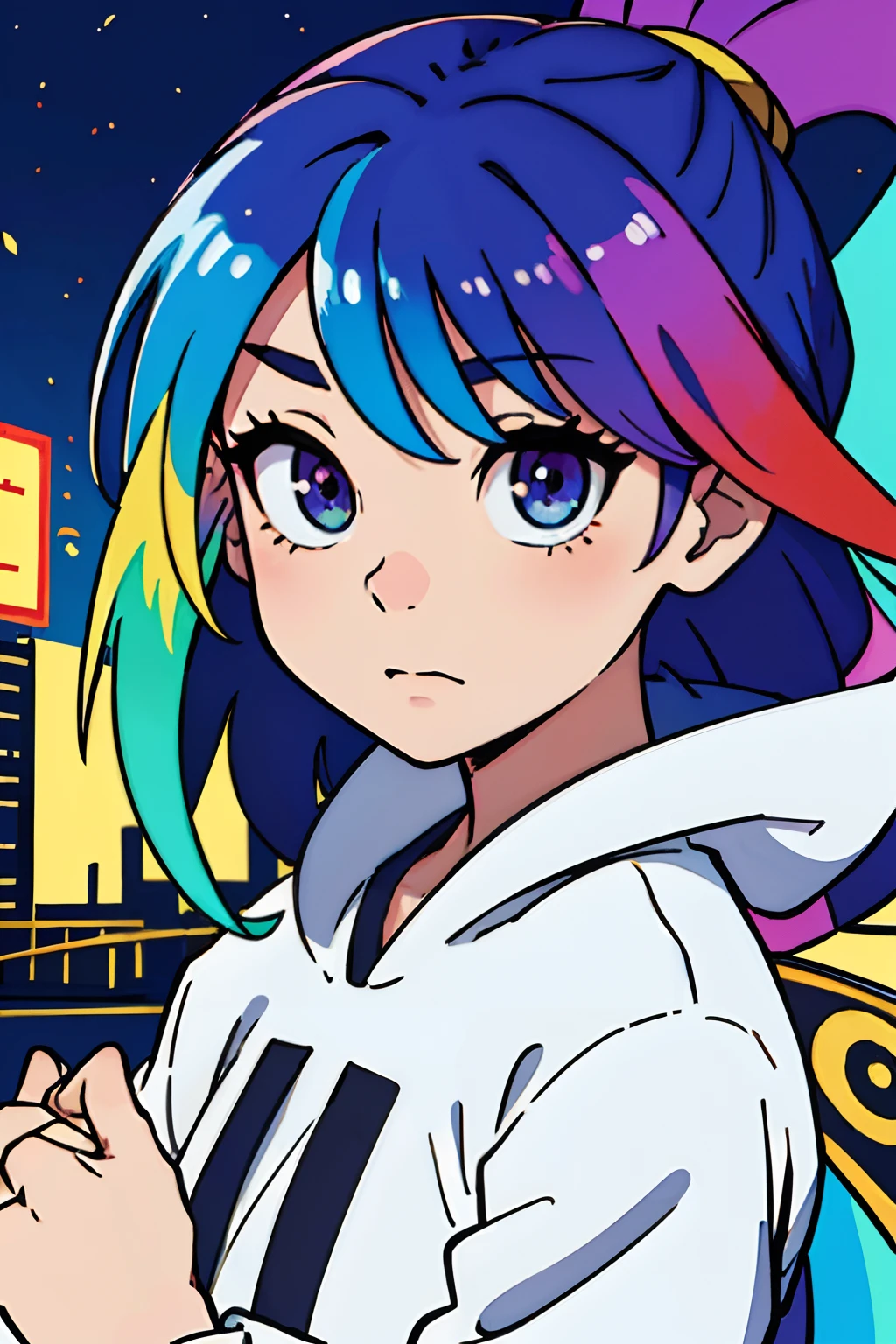 (top-quality:0.8)、(top-quality:0.8)、perfect anime illustration、Extreme close-up portrait of beautiful woman walking in city、Fantastico hairstyle、rainbow-colored hair、big eye、Tanuki face、Take hands behind your back