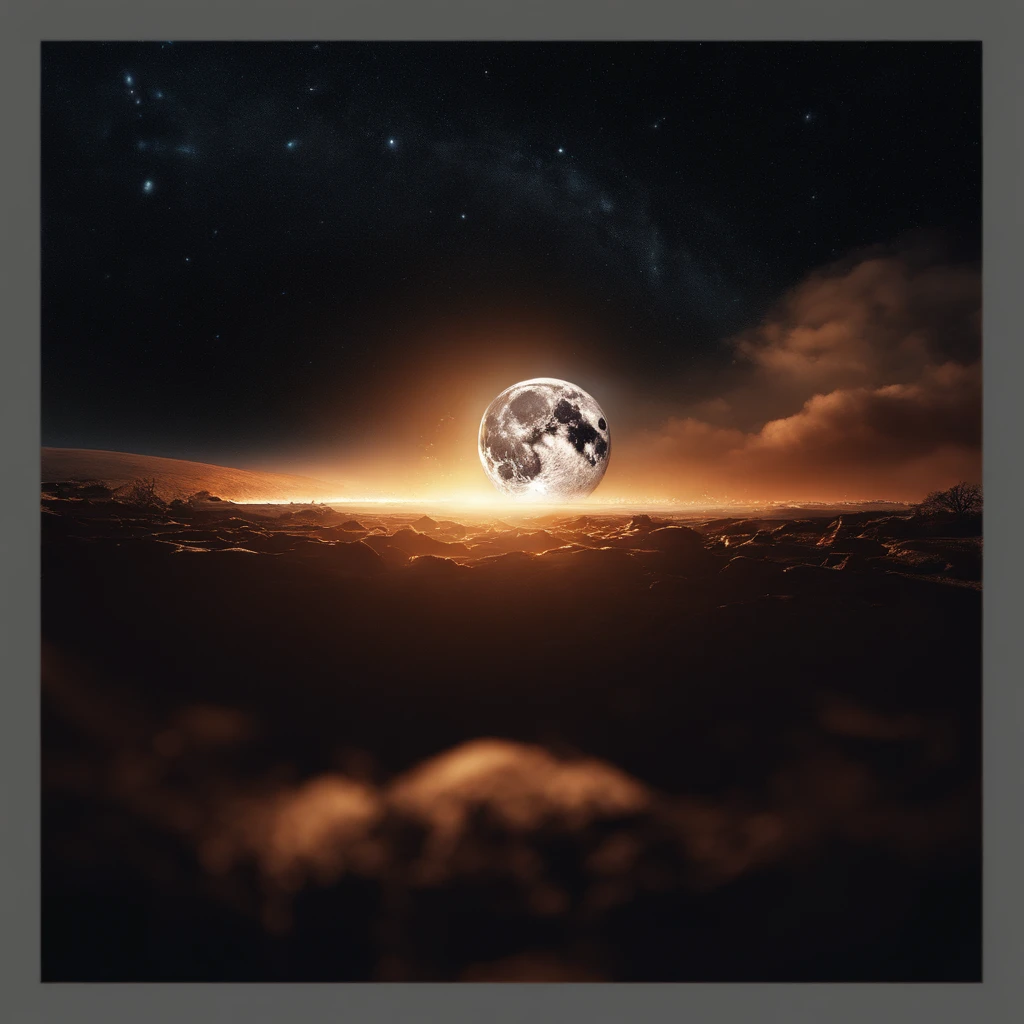 The moon, shattered into countless fragments by an enormous meteor, the night sky filled with debris, fiery trails, and the Earth in the background, a catastrophic event with an overwhelming sense of celestial devastation, Digital art, utilizing high-resolution software, emphasizing realistic textures and lighting effects,