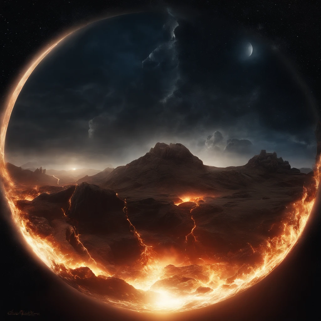 The moon, shattered into countless fragments by an enormous meteor, the night sky filled with debris, fiery trails, and the Earth in the background, a catastrophic event with an overwhelming sense of celestial devastation, Digital art, utilizing high-resolution software, emphasizing realistic textures and lighting effects,