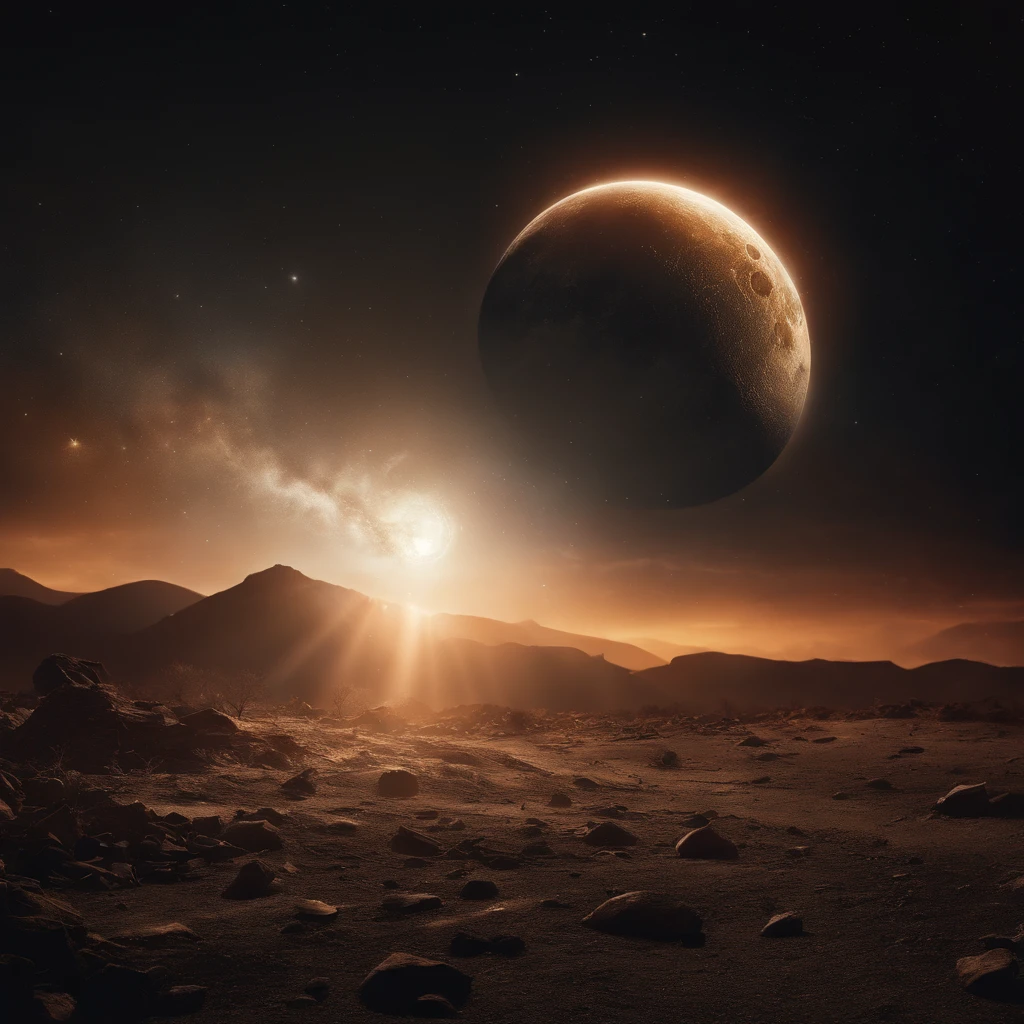 The moon, shattered into countless fragments by an enormous meteor, the night sky filled with debris, fiery trails, and the Earth in the background, a catastrophic event with an overwhelming sense of celestial devastation, Digital art, utilizing high-resolution software, emphasizing realistic textures and lighting effects,