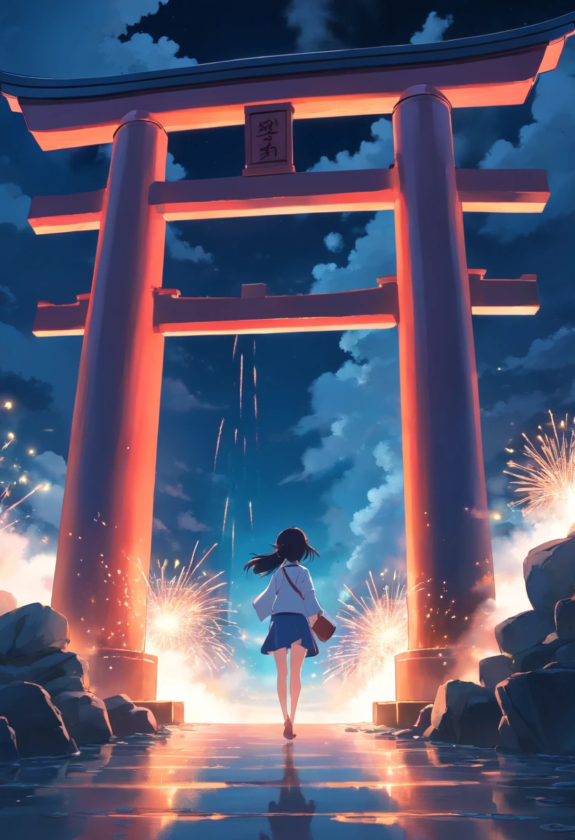 masterpiece, best quality, movie still, Footage of the main character passing through a mysterious torii gate a new world with ocean of cloud night sky and firework, shoot angle from ground
