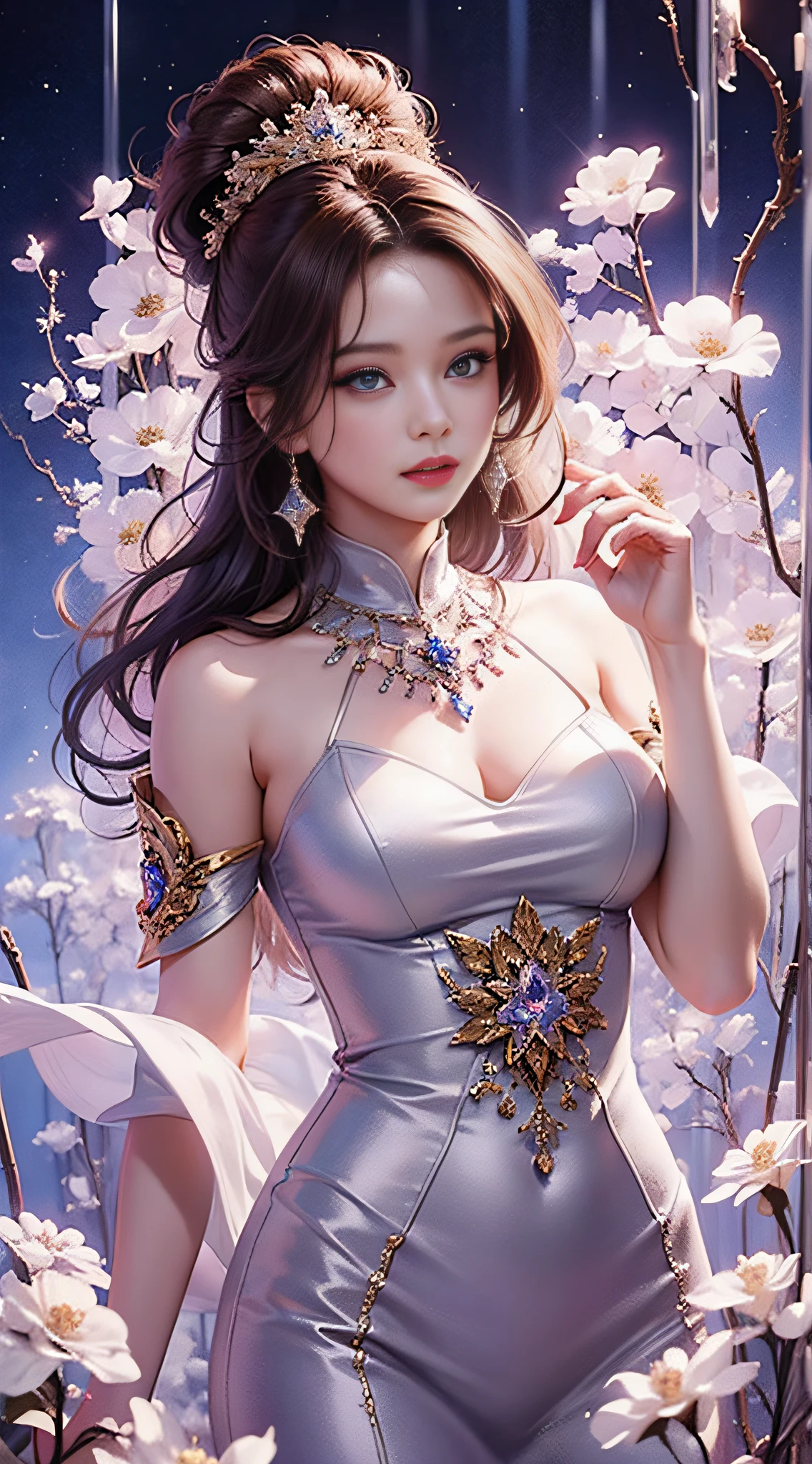 tmasterpiece，Highest high resolution，((themoon))，Dynamic bust of a beautiful aristocratic maiden，elegantly coiled brown chestnut hair，Purple clear eyes，Hair is covered with beautiful and delicate floral craftsmanship, Crystal Jewelry Filigree，Ultra-detailed details，upscaled，The Earth Rises。