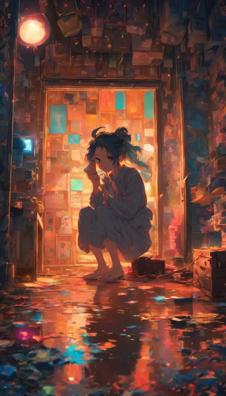 A sick woman is cowering in a dark, closed-off room. The room is cluttered, with cell phones and hand mirrors on the floor. Fantastic. High quality in every detail. Fantastic landscapes. Distant people.