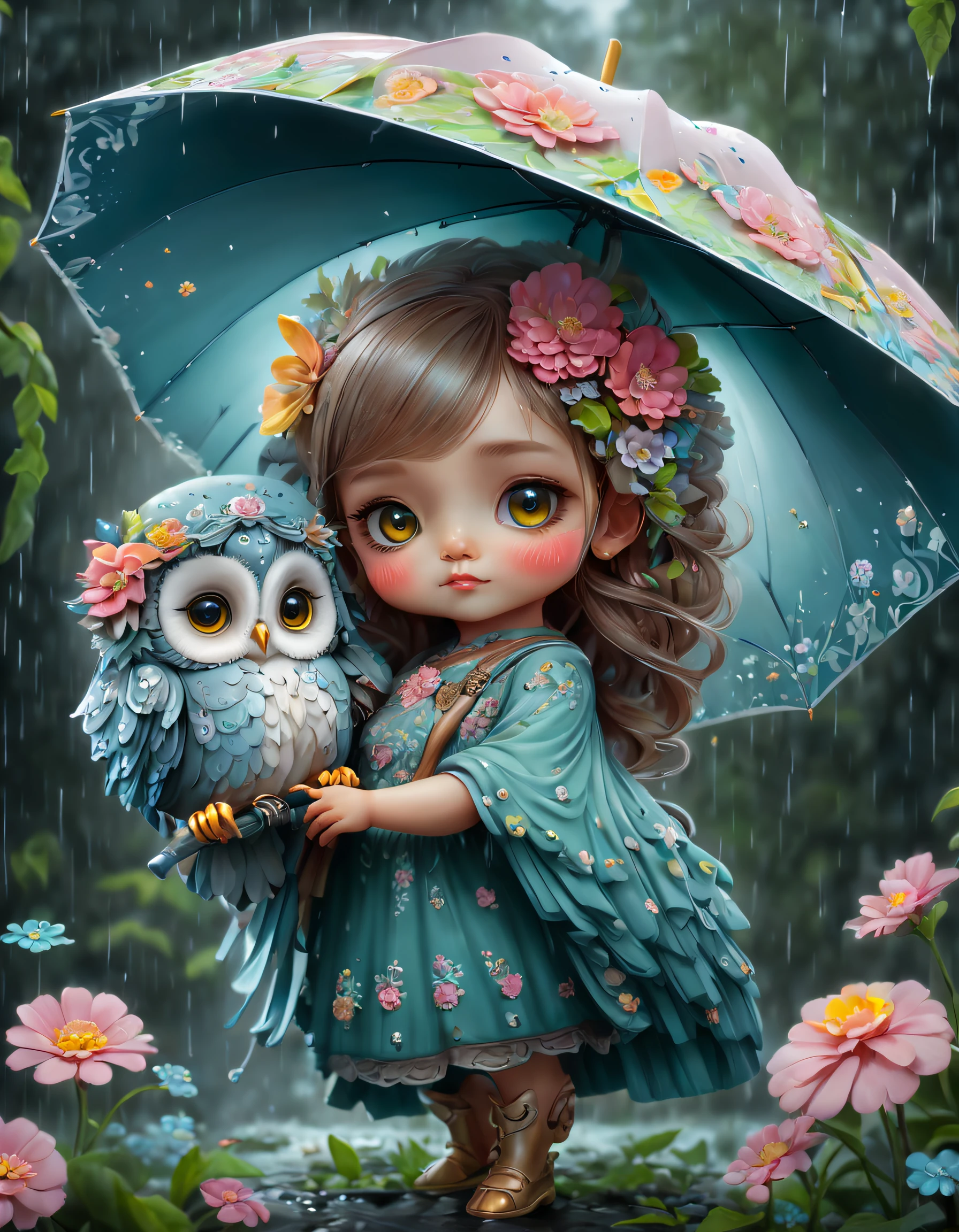 （Paint colorful mother owl and baby owl baby with flowers），（A large umbrella），（Mother owl holding an umbrella and holding her baby：1.37），A caring expression， Background with：（A forest where it is raining heavily：1.3），（It is raining heavily）， Cute detailed digital art, lovely digital painting, adorable digital art, Beeple and Jeremiah Ketner, cute owl, cute detailed artwork,cute 3 d render, digital painting highly detailed, cute colorful adorable, highly detailed digital artwork, highly detailed and colored, digital art highly detailed, cute artwork