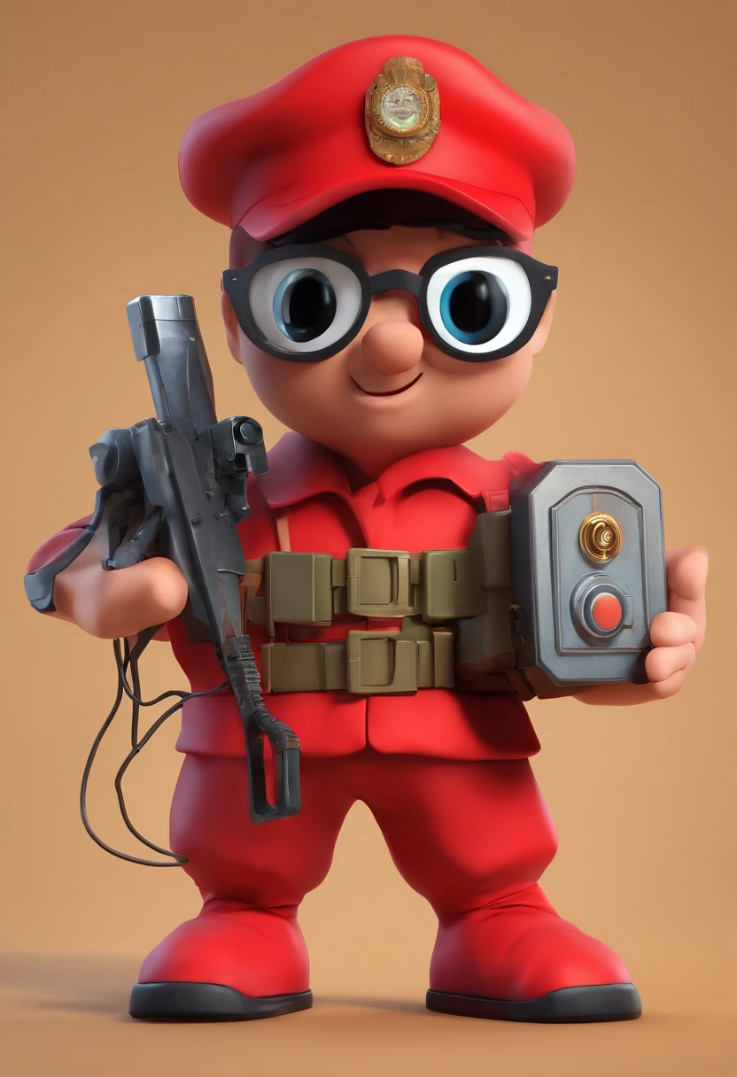 "Create an illustration of an anthropomorphic electrical outlet with an eye, dressed in a red outfit and military cap. Instead of a real firearm, the character is holding an airsoft gun in a safe and playful manner. The illustration should be in Full HD, with a cinematic touch, and styled in the fashion of Disney Pixar Animations.