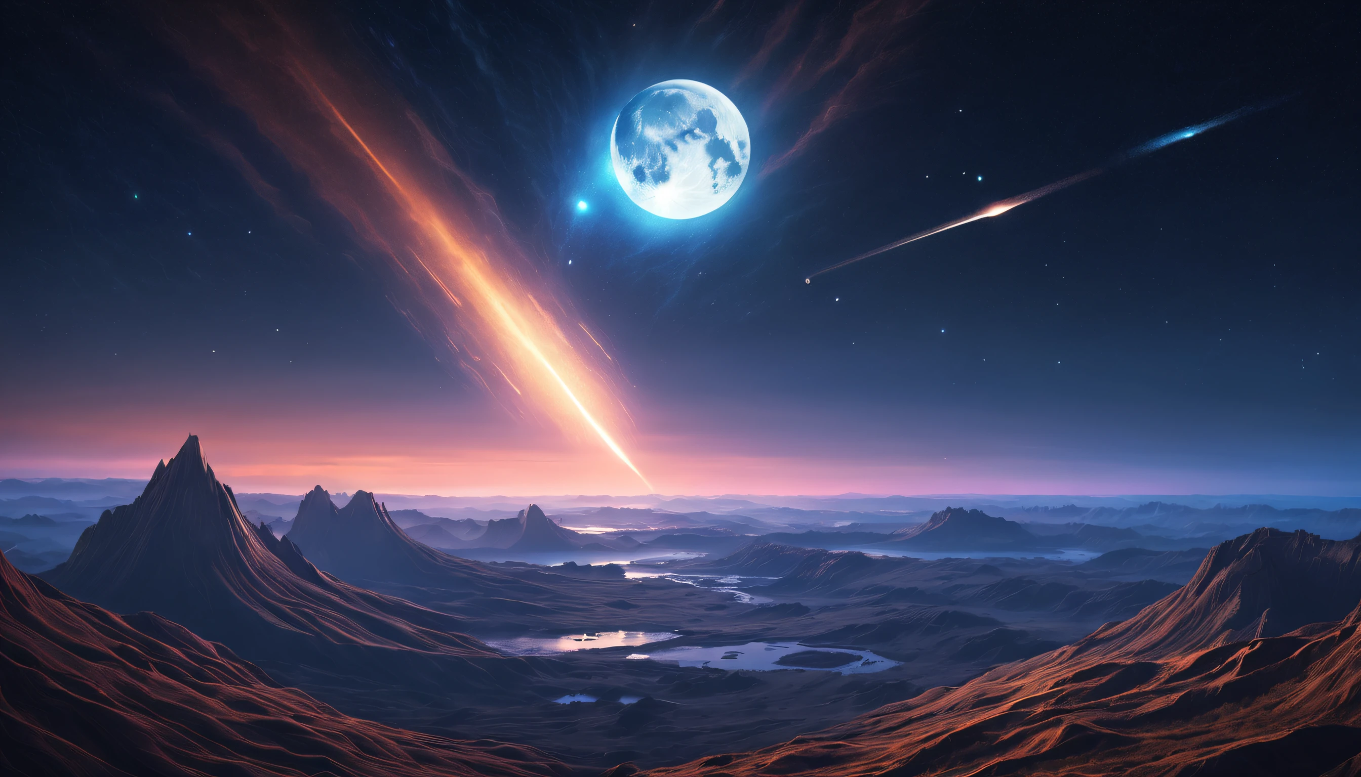 Capture the ethereal beauty of a celestial collision, where a meteor streaks across the star-filled expanse. Illuminate the moon's craters with bioluminescent hues, casting an enchanting glow upon Earth's serene landscapes. An artistic fusion of cosmic radiance and natural wonder awaits your visionary brushstrokes., Realism, god rays, ray tracing, highres, best quality, super detail, 16k