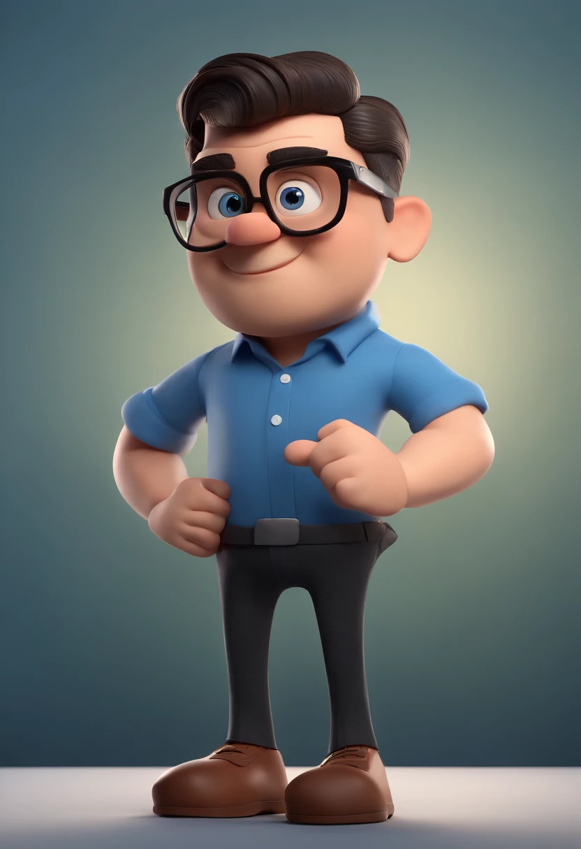 Cartoon character of a man wearing black glasses and a blue shirt, um personagem animado, Caractere estilizado, animation style rendering, 3D estilizado, Arnold Maya render, 3 d render stylized, toon render keyshot, Personagem 3D, Personagem 3D, 3d rendering stylized, 3 d character render, personagem de desenho animado, Personagem de close up, Pose de personagem, (Estilo Pixar) (master part:1.2) (Bokeh) (best quality) (pele detalhada) (textura detalhada) (8k) (argila) (Cinematic lighting) (foco nítido，Senta e vaza a parte superior do corpo