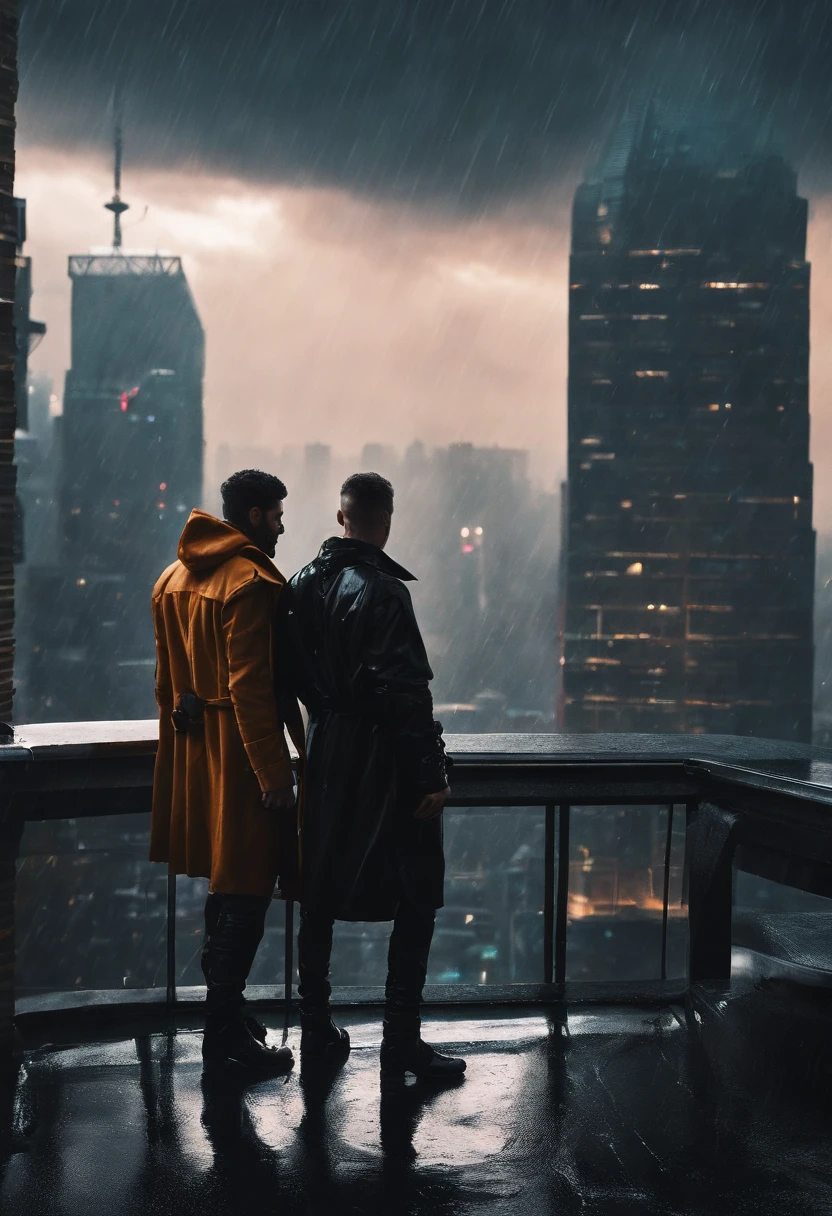 ight, Two people fight in the rain on top of a building in a cyberpunk city? What a rich dinner! I imagined it was raining heavily, Neon lights shine on the city, And the guys who fight with all their might. One of them may be wearing a black fur coat, While the other was wearing a futuristic hoodie. Looks like a thrilling action scene!